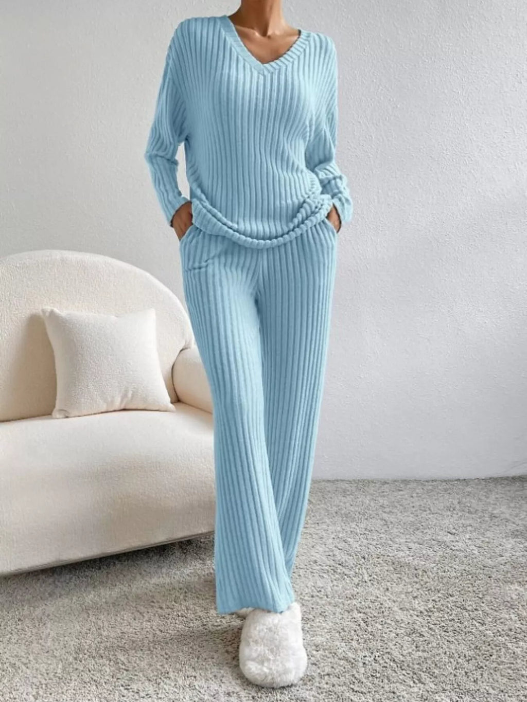 Ribbed Knit V-Neck Top and Pants Set