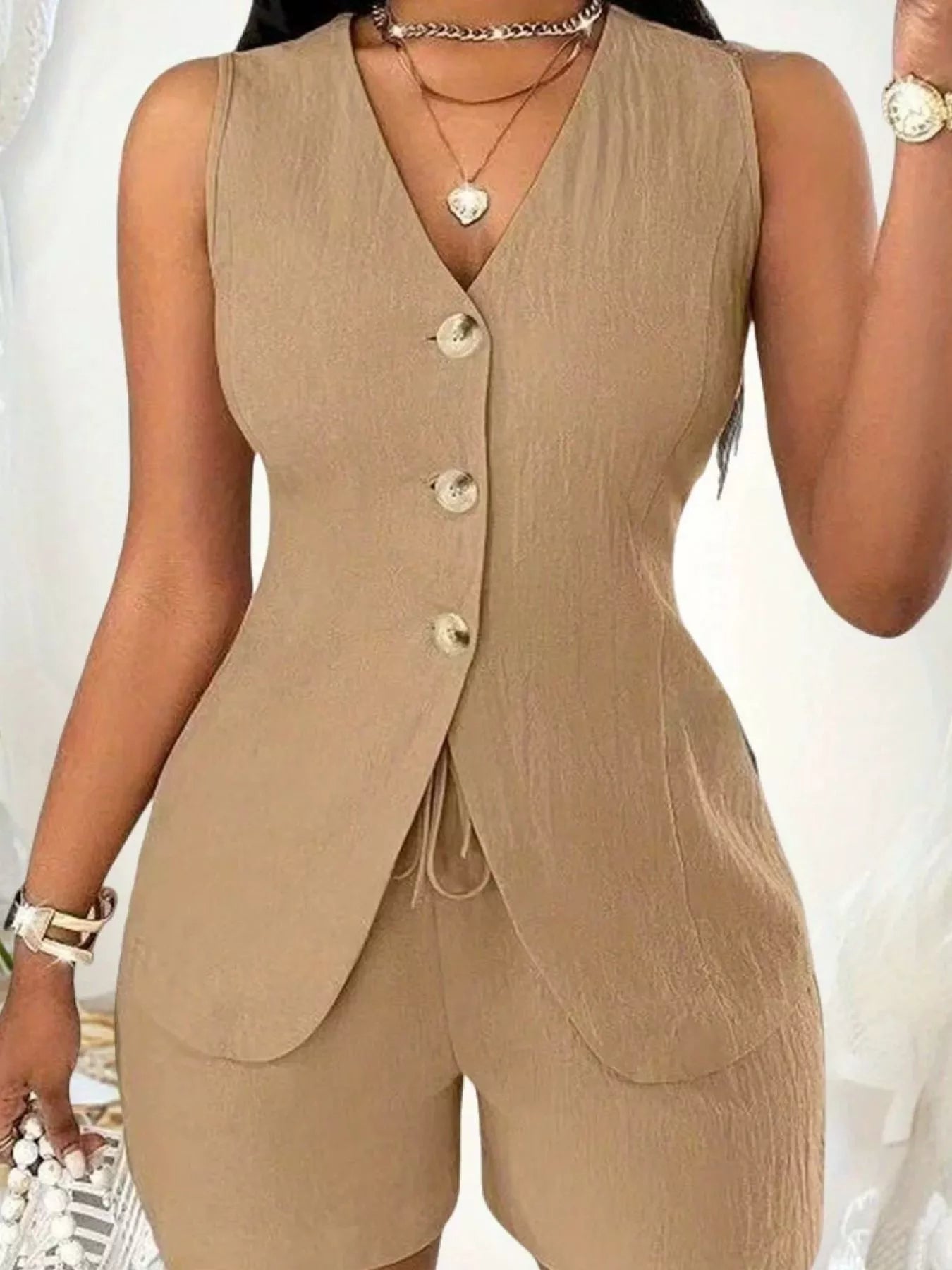 Sleeveless Button-Down Vest & Shorts Set