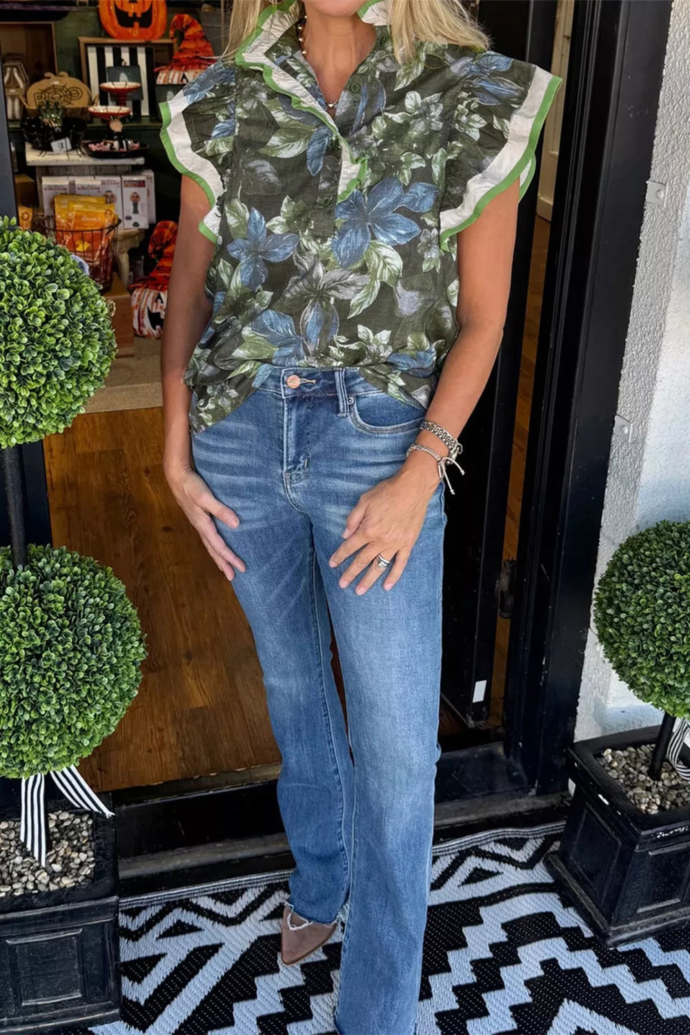 Ruffled Short Sleeve Floral Summer Blouse