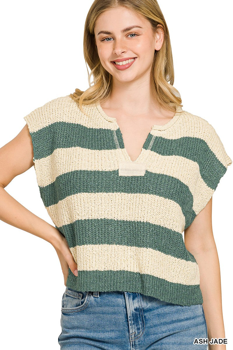 Zenana Split Neck Stripe Sleevless Sweater