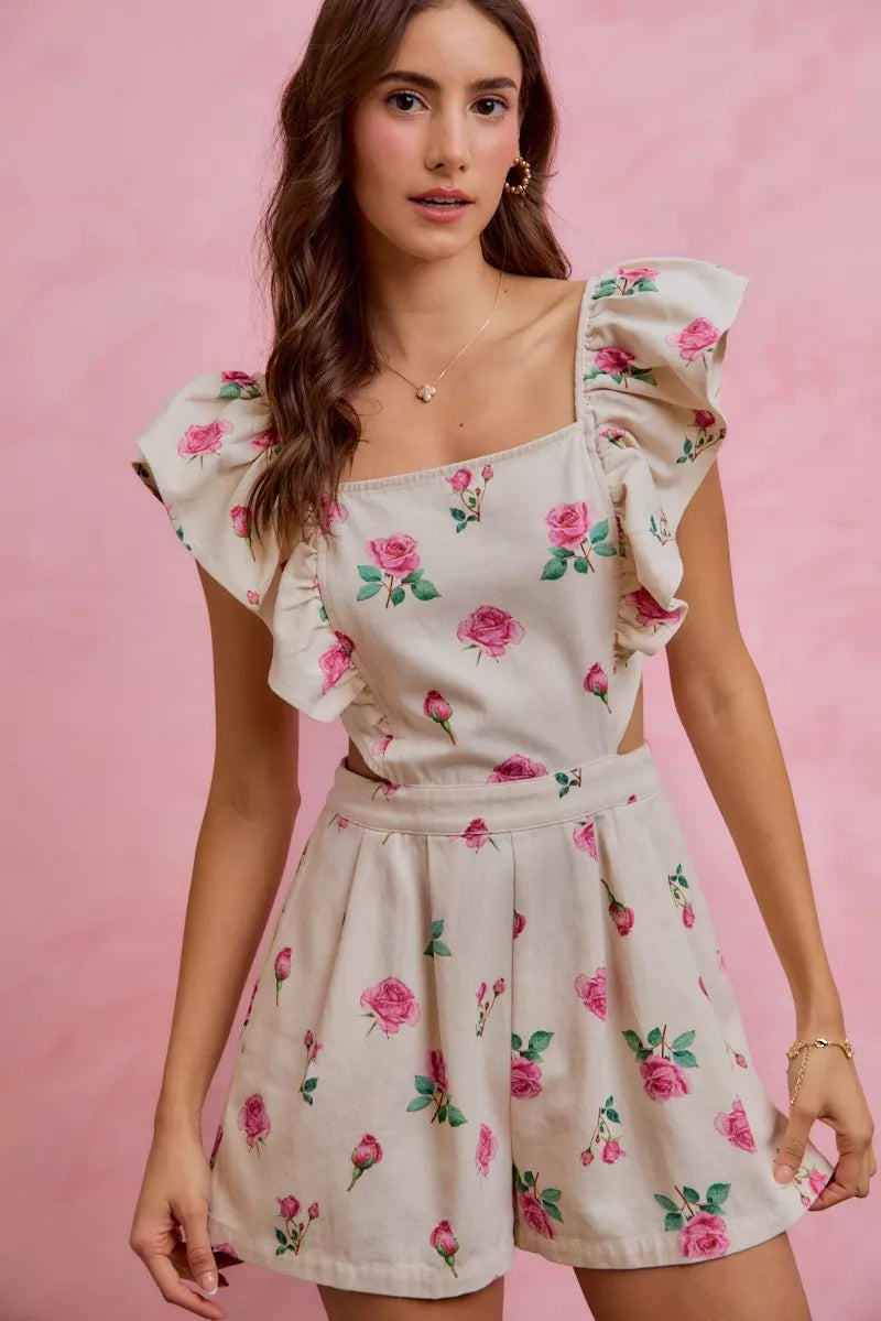 SO ME Floral Print Denim Cut Out Waist Ruffled Romper