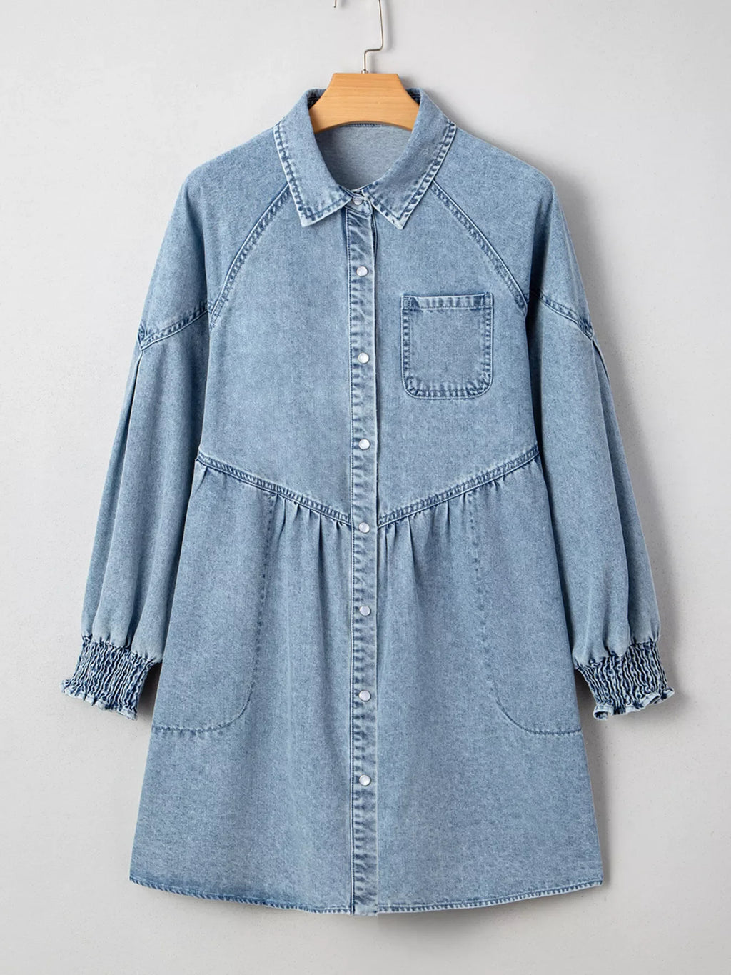 Smocked Cuffs Flared Denim Shirt Mini Dress