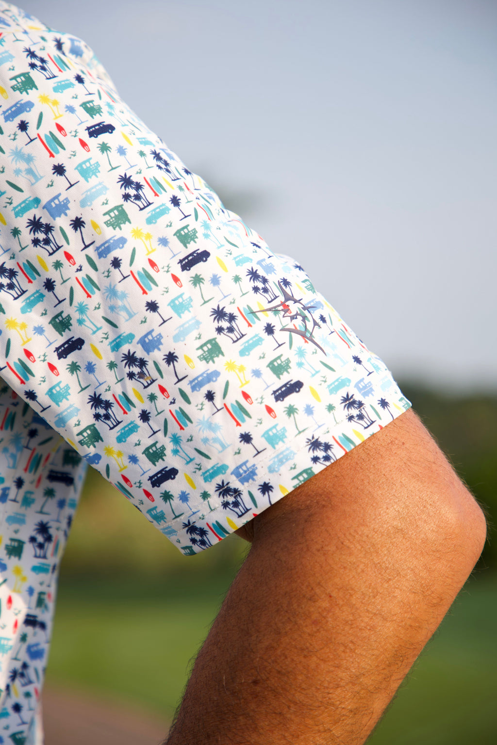 White Water Life Surfs up Polo — White Water Life branding close-up