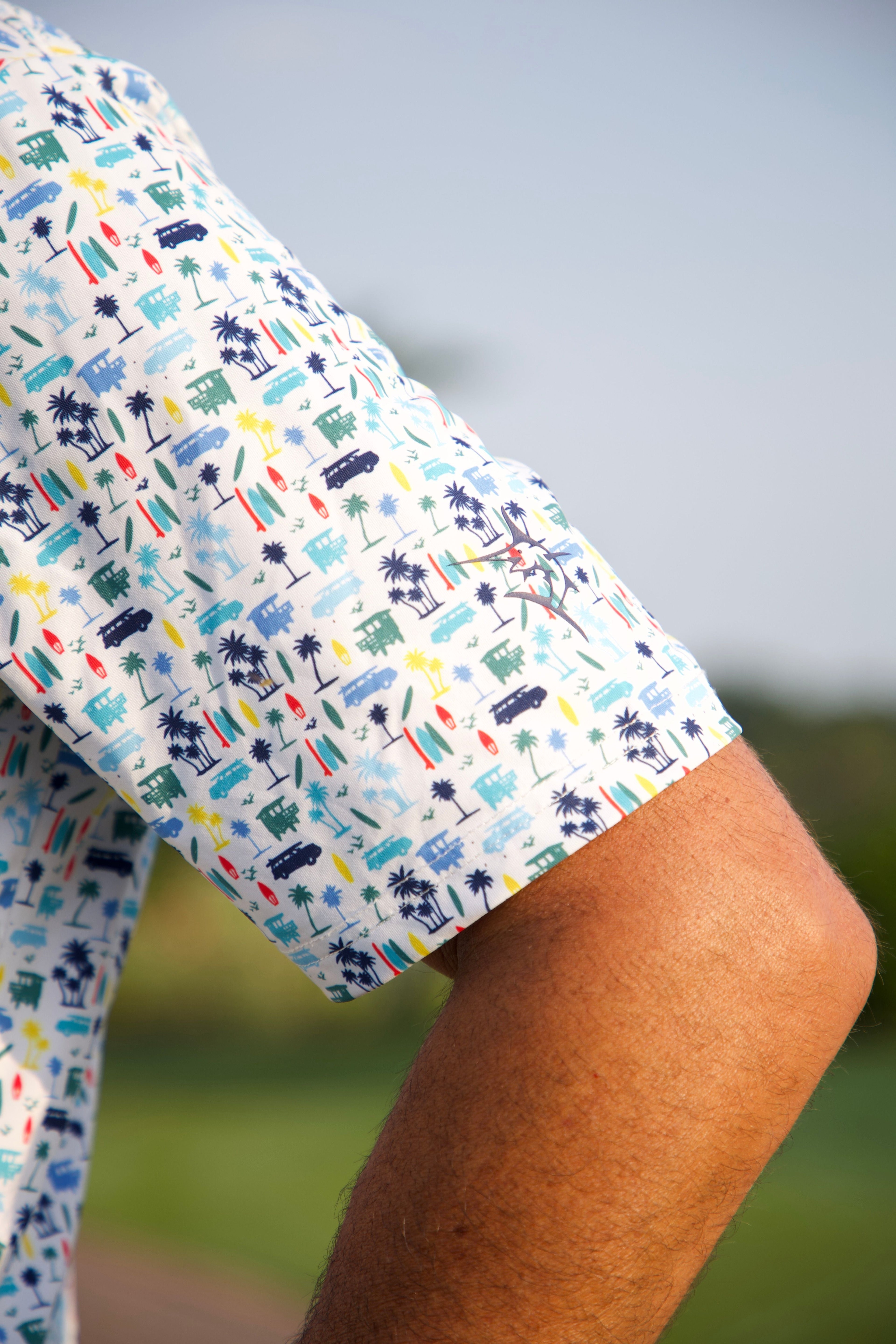 White Water Life Surfs up Polo — White Water Life branding close-up