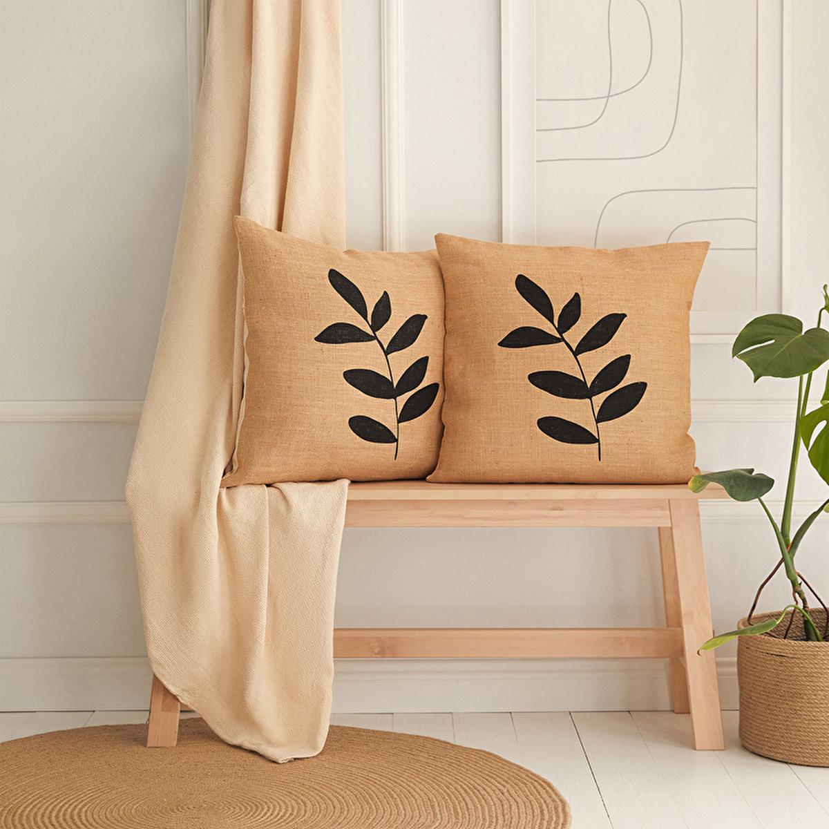 Ocean Home Jute Throw Pillow Cover Set - 2 Leaf Pattern 50x50cm - Natural Fiber, Boho, Rustic Decorative Cushion Covers