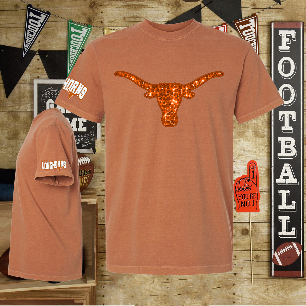 A Blessed Texas Mess Boutique University of Texas Football Shirts, Longhorns Football sweatshirts, SEC… — A Blessed Texas Mess Boutique branding close-up