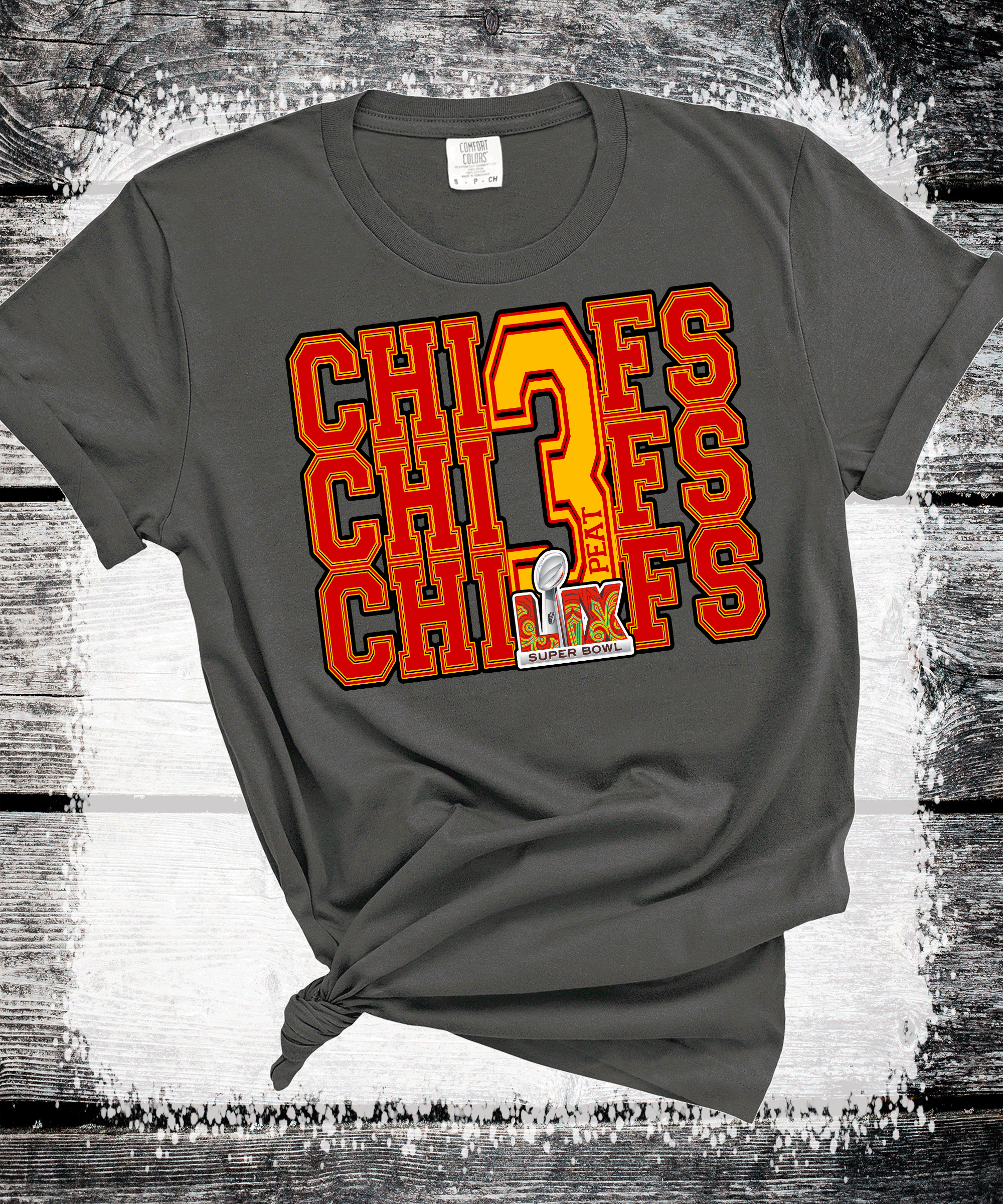 A Blessed Texas Mess Boutique Super Bowl 3Peat Kingdom Kansas City Football Chiefs T-Shirt, Three-Peat… — A Blessed Texas Mess Boutique branding close-up