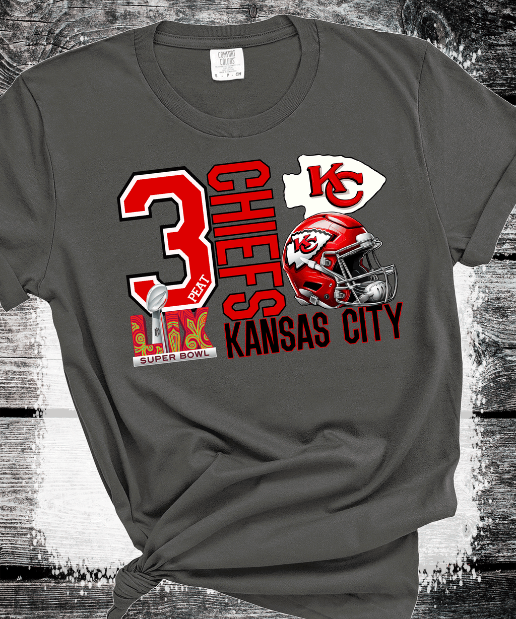 A Blessed Texas Mess Boutique Super Bowl 3Peat Kingdom Kansas City Football Chiefs T-Shirt, Three-Peat… — construction detail
