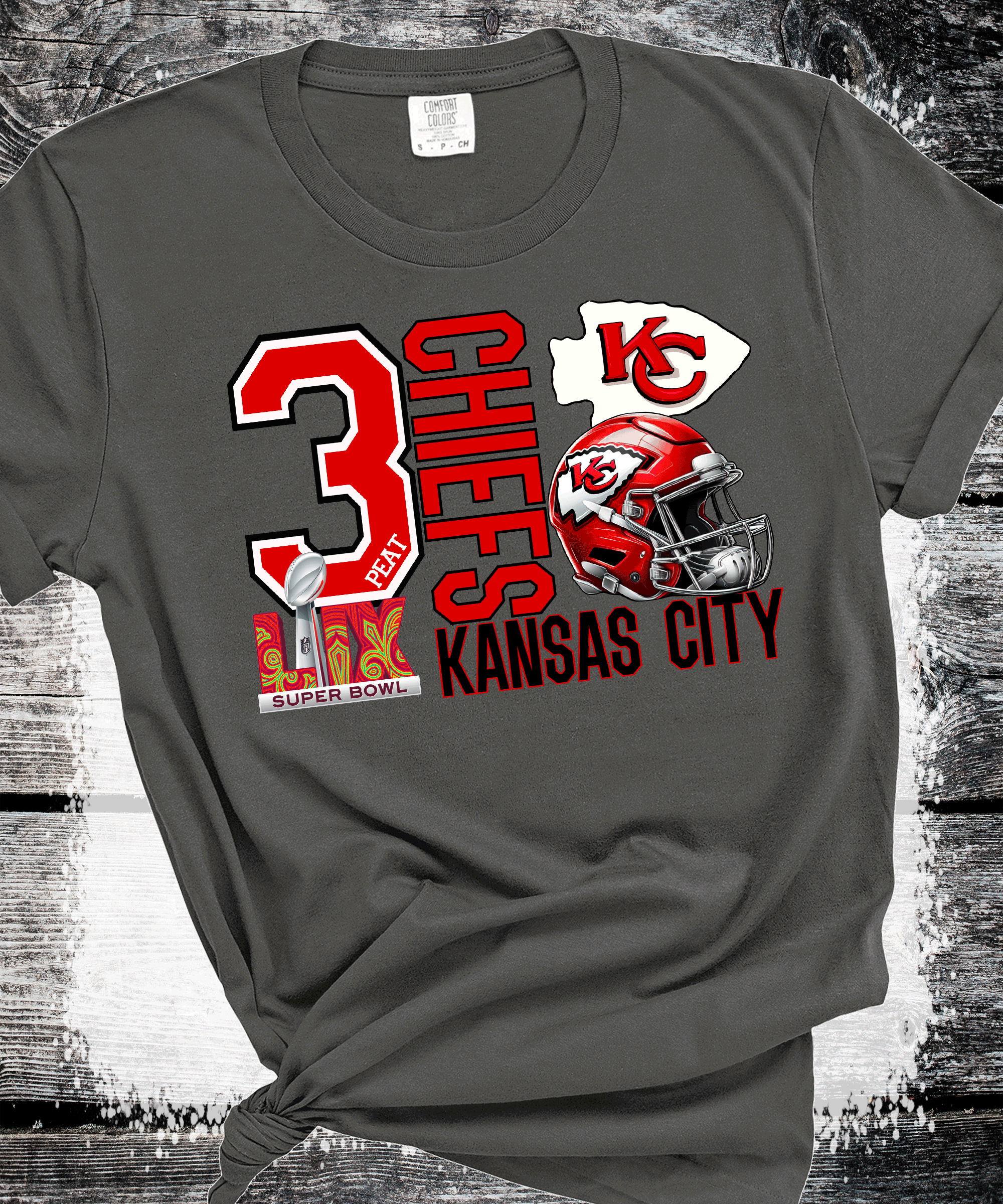 A Blessed Texas Mess Boutique Super Bowl 3Peat Kingdom Kansas City Football Chiefs T-Shirt, Three-Peat… — construction detail
