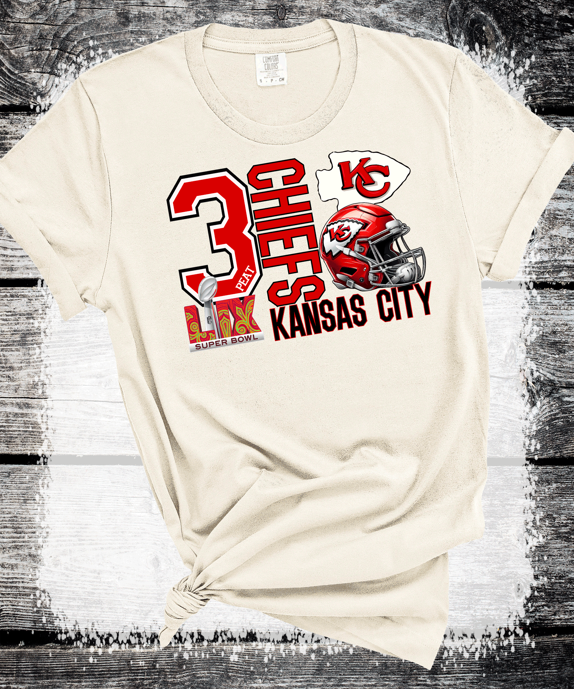 A Blessed Texas Mess Boutique Super Bowl 3Peat Kingdom Kansas City Football Chiefs T-Shirt, Three-Peat… — main product shot