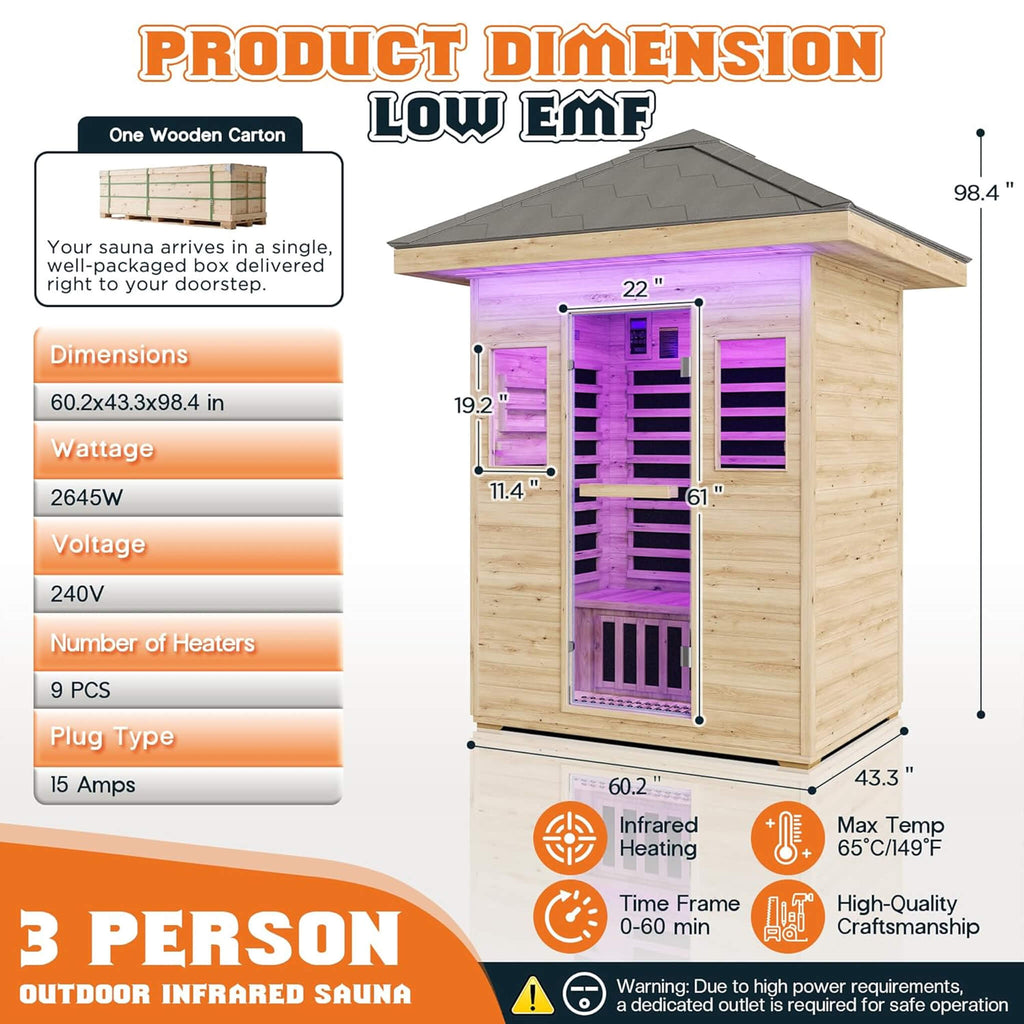 Thermora Zurich 3-Person Low EMF Spruce Wood Outdoor Infrared Sauna With Bluetooth Speakers And LED Lights (SAK59047) – SAKSB