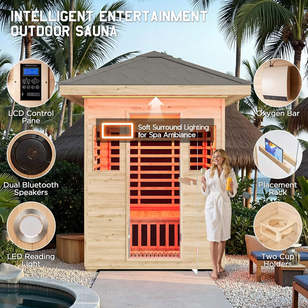Thermora Zurich 3-Person Low EMF Spruce Wood Outdoor Infrared Sauna With Bluetooth Speakers And LED Lights (SAK59047) – SAKSB