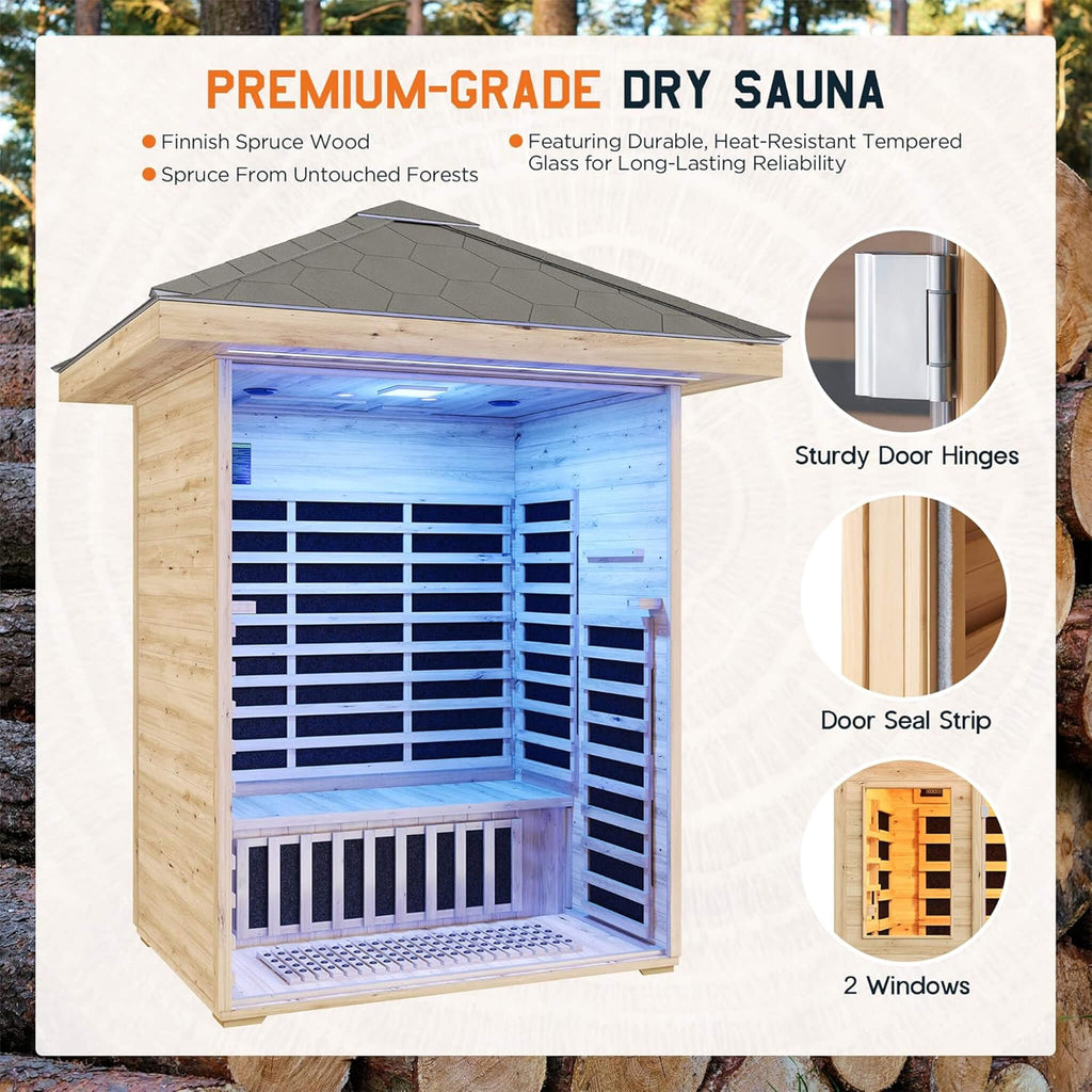 Thermora Zurich 3-Person Low EMF Spruce Wood Outdoor Infrared Sauna With Bluetooth Speakers And LED Lights (SAK59047) – SAKSB