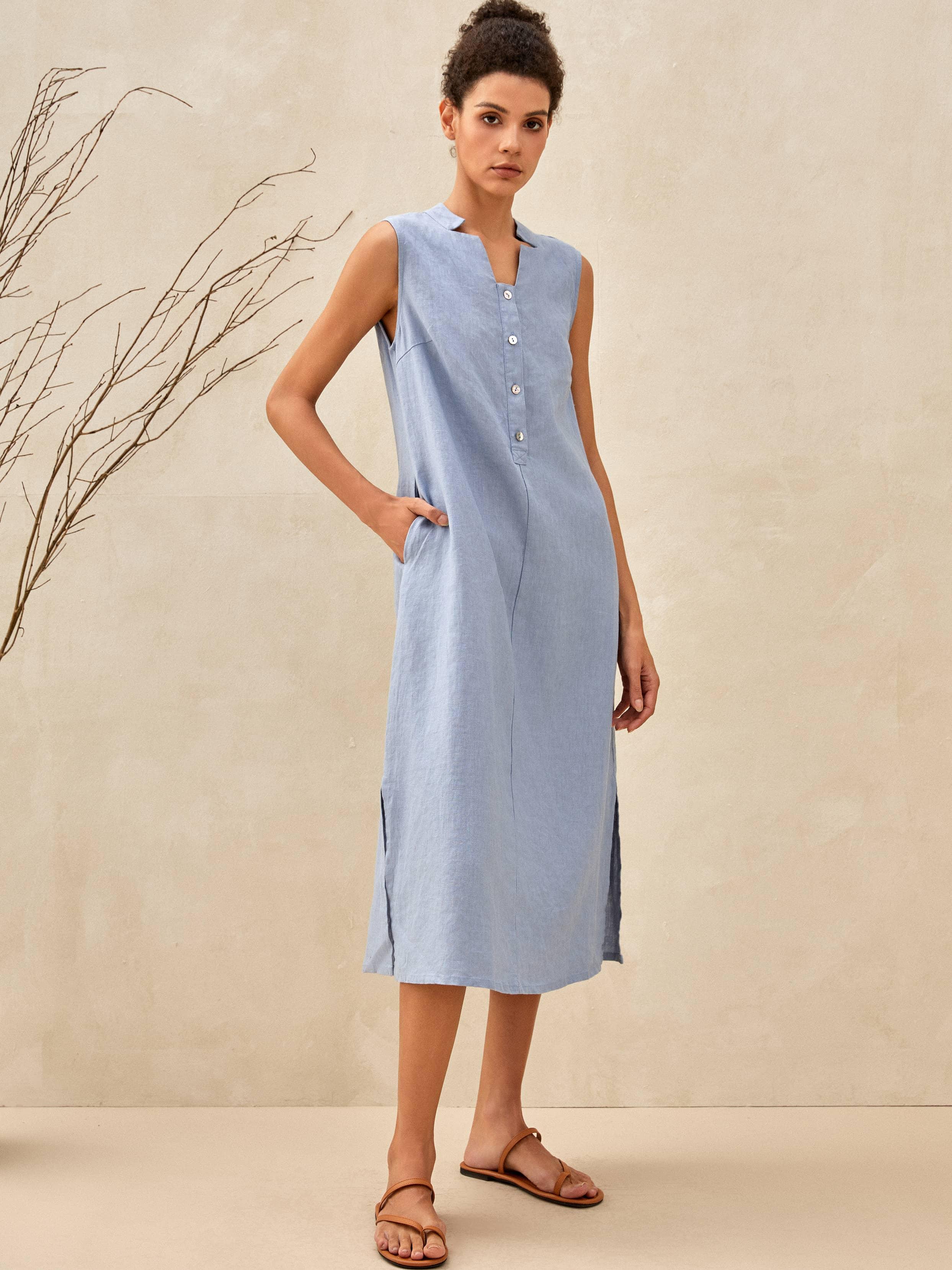 LINTICO 100% Linen Sleeveless Straight High Slit Maxi Dress TAYLOR — construction detail