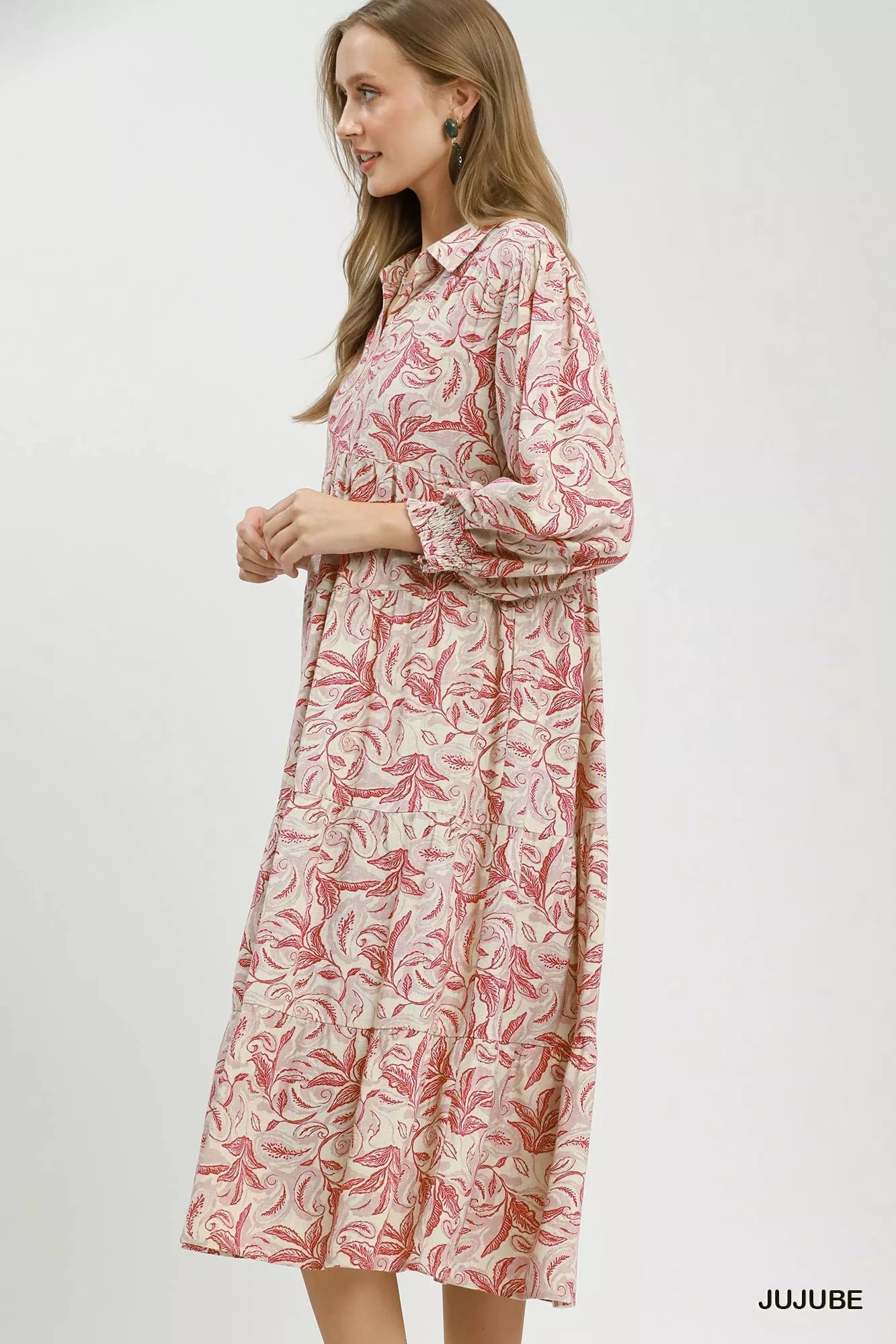 Umgee Linen Botanical Print Tiered Midi Dress