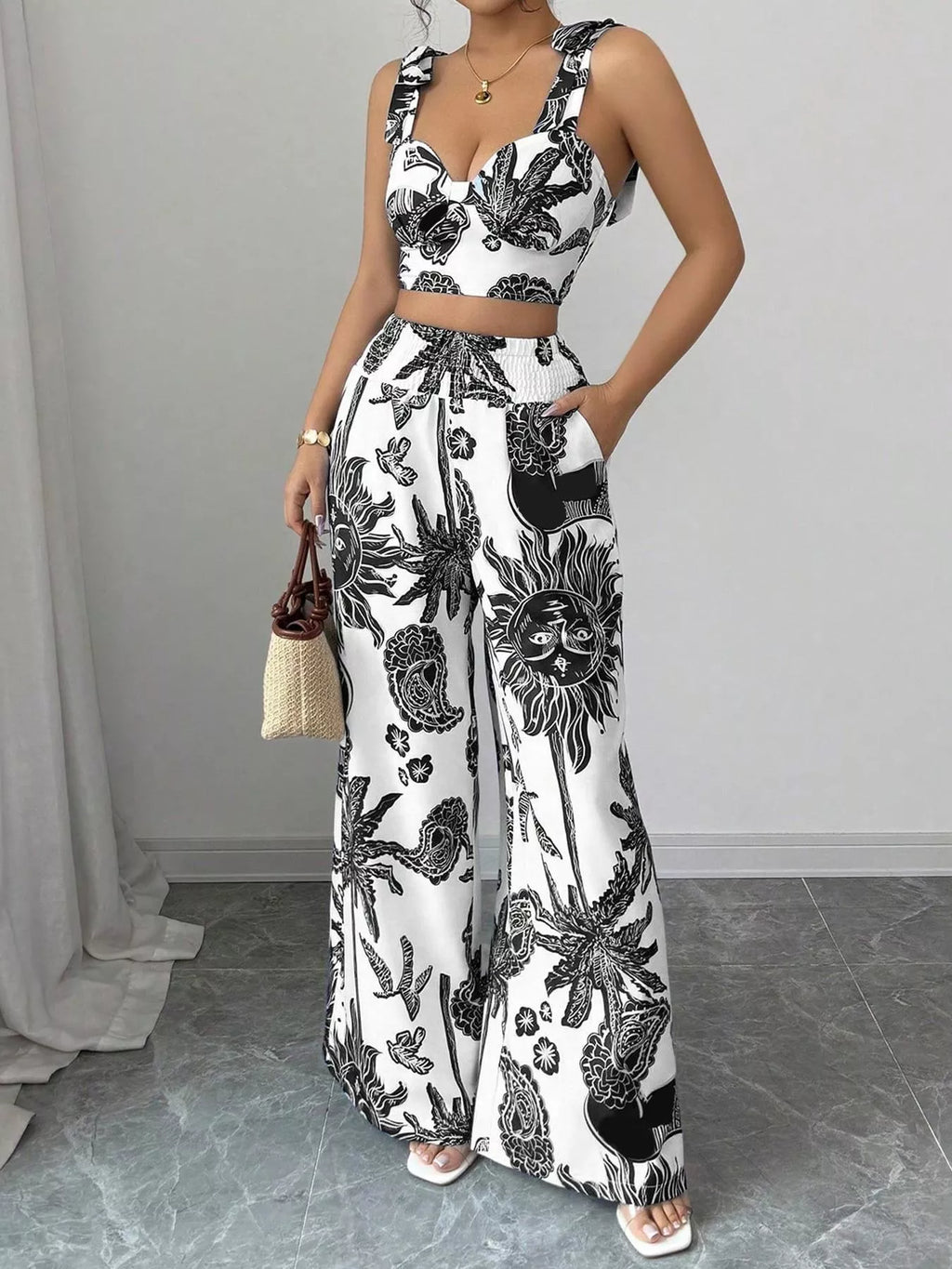 Floral Print Crop Top and Wide Leg Pants Set