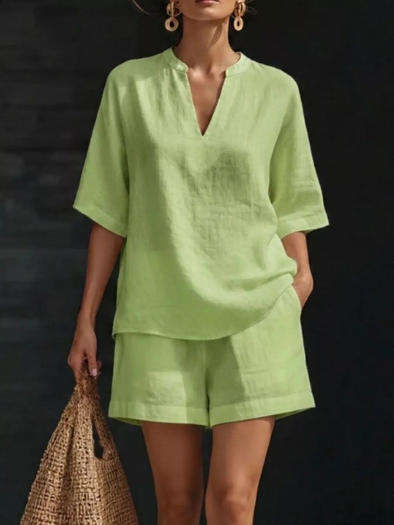 Notched Half Sleeve Top and Shorts Set