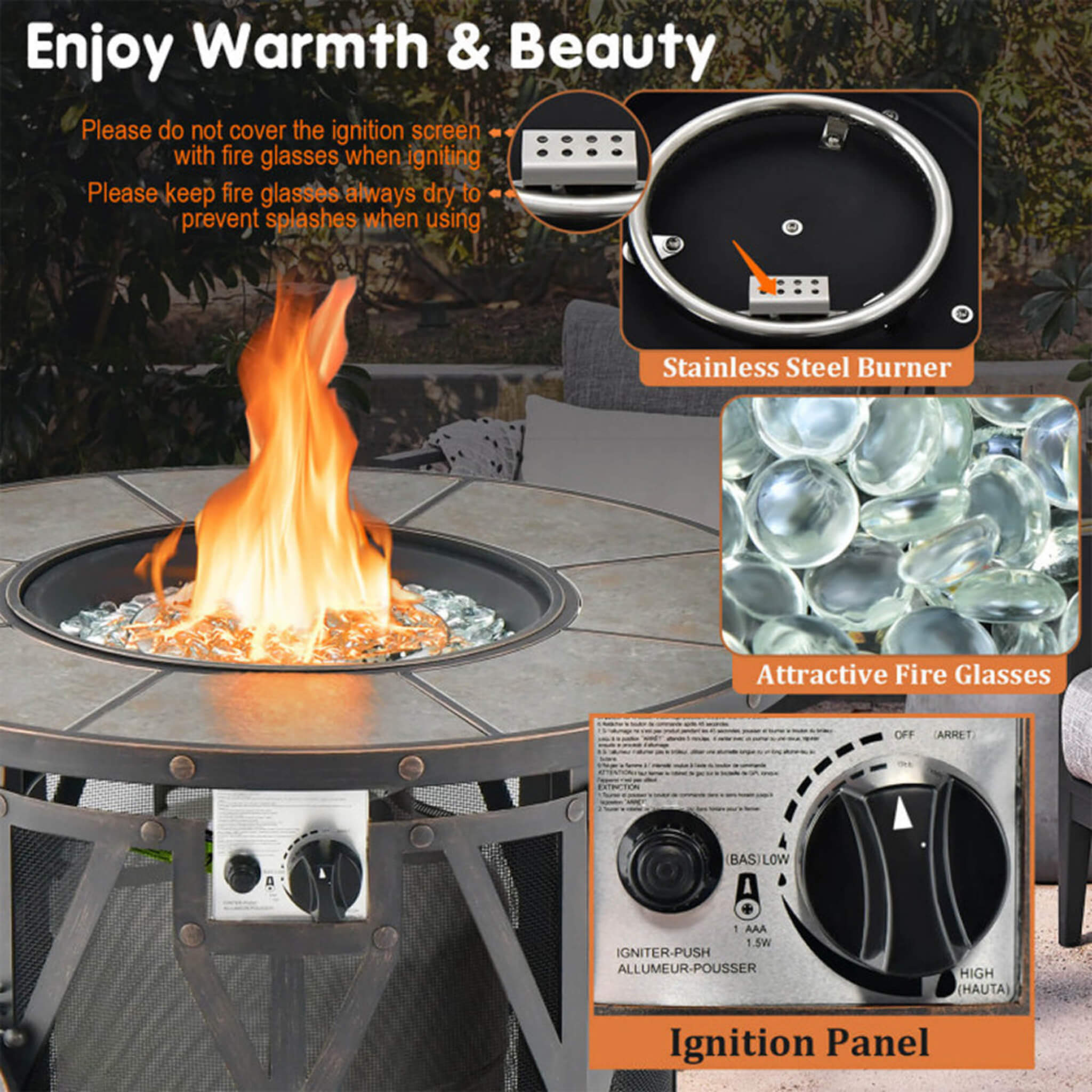 Alora 30-Inch 30K BTU Premium Outdoor Patio Gas Fire Pit Table With Fire Glass And Cover (SAK17432) – SAKSBY WHOLESALE, view 