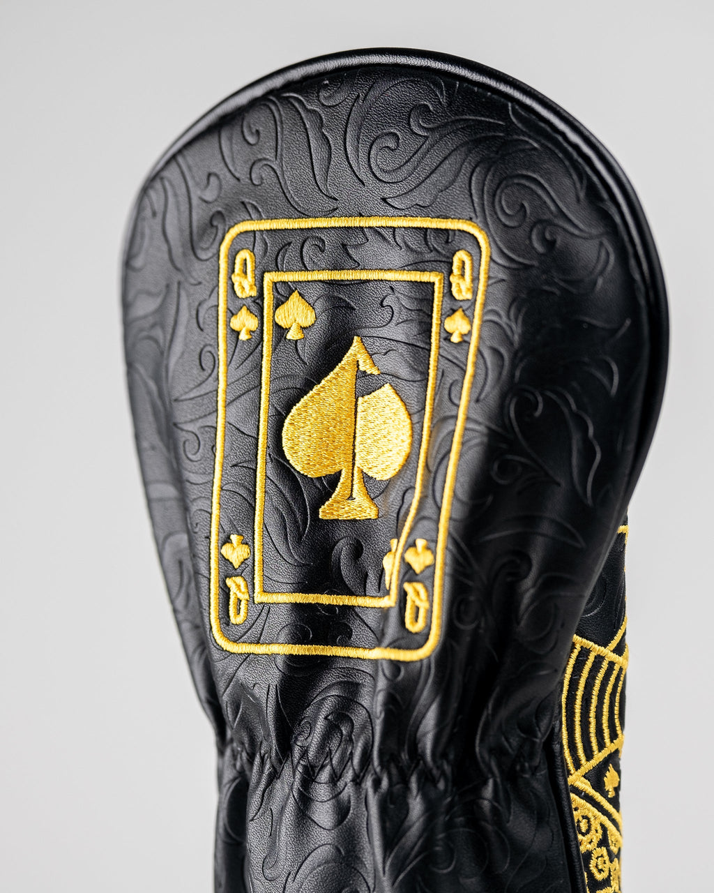 Pins and Aces Black/Gold Queen of Spades - Fairway Cover — back view