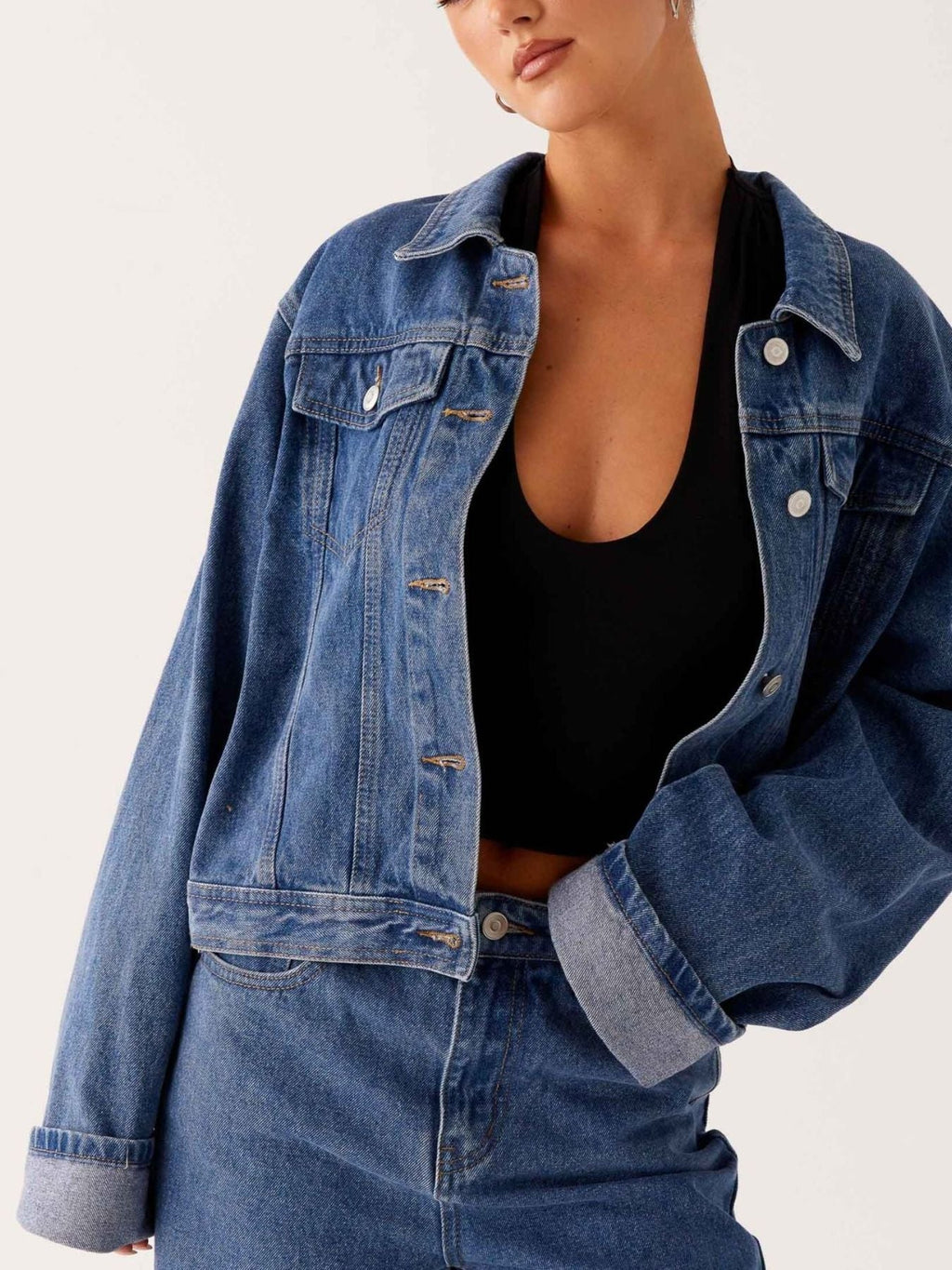 Button Down Cropped Oversized Denim Jacket