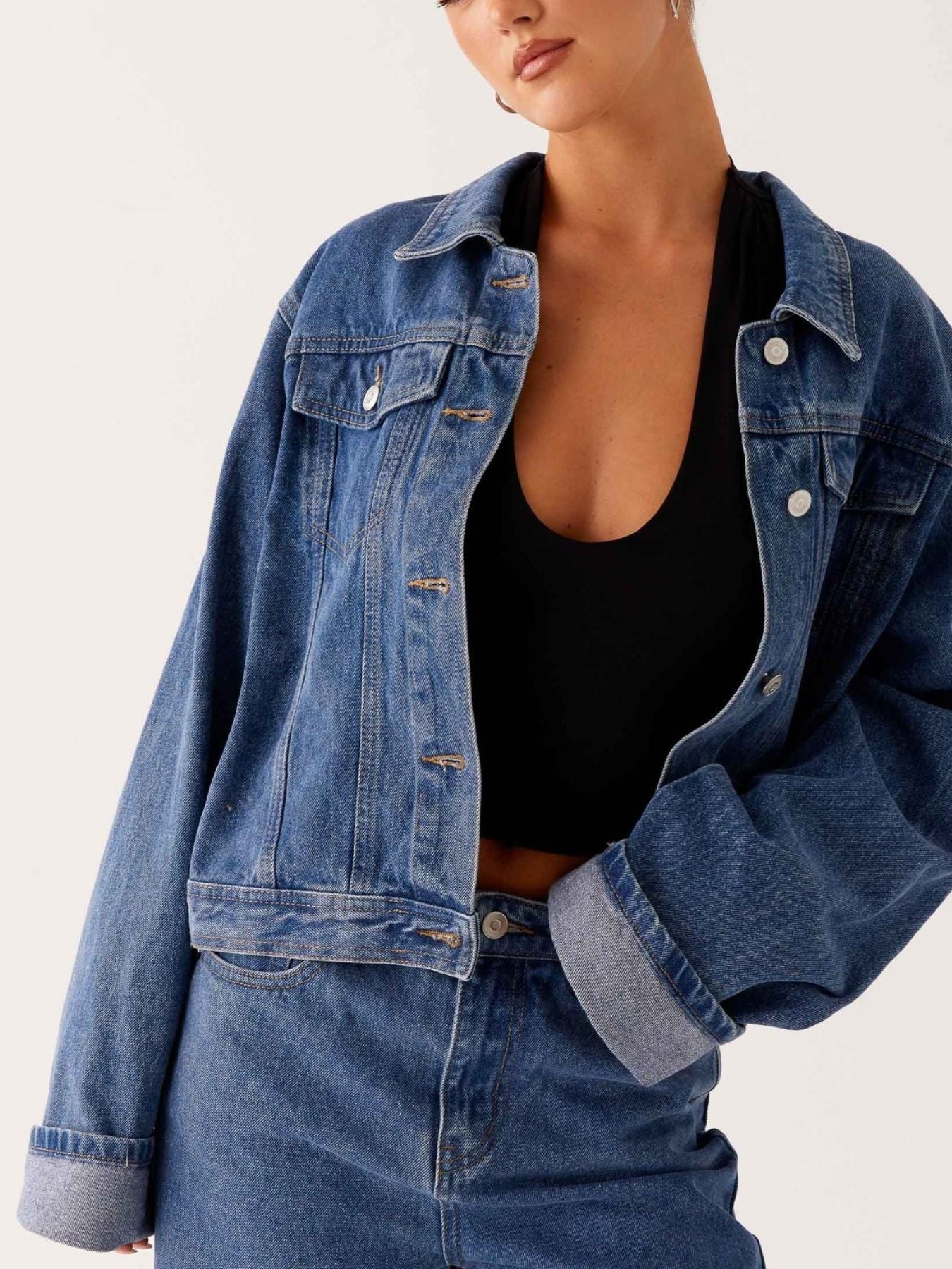 Button Down Cropped Oversized Denim Jacket
