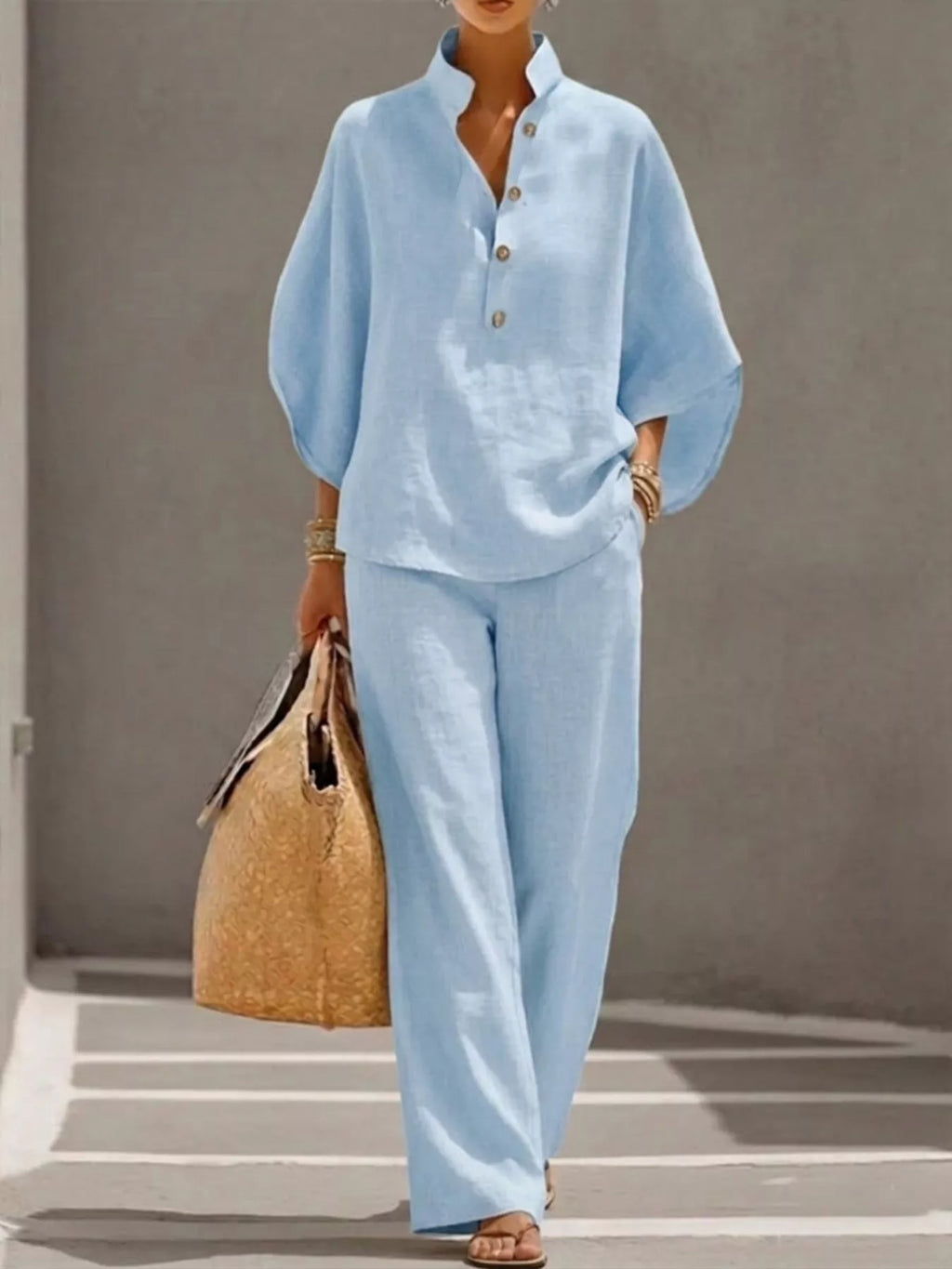 Full Size Button Detail 3/4 Sleeve Top and Pants Set Plus Size