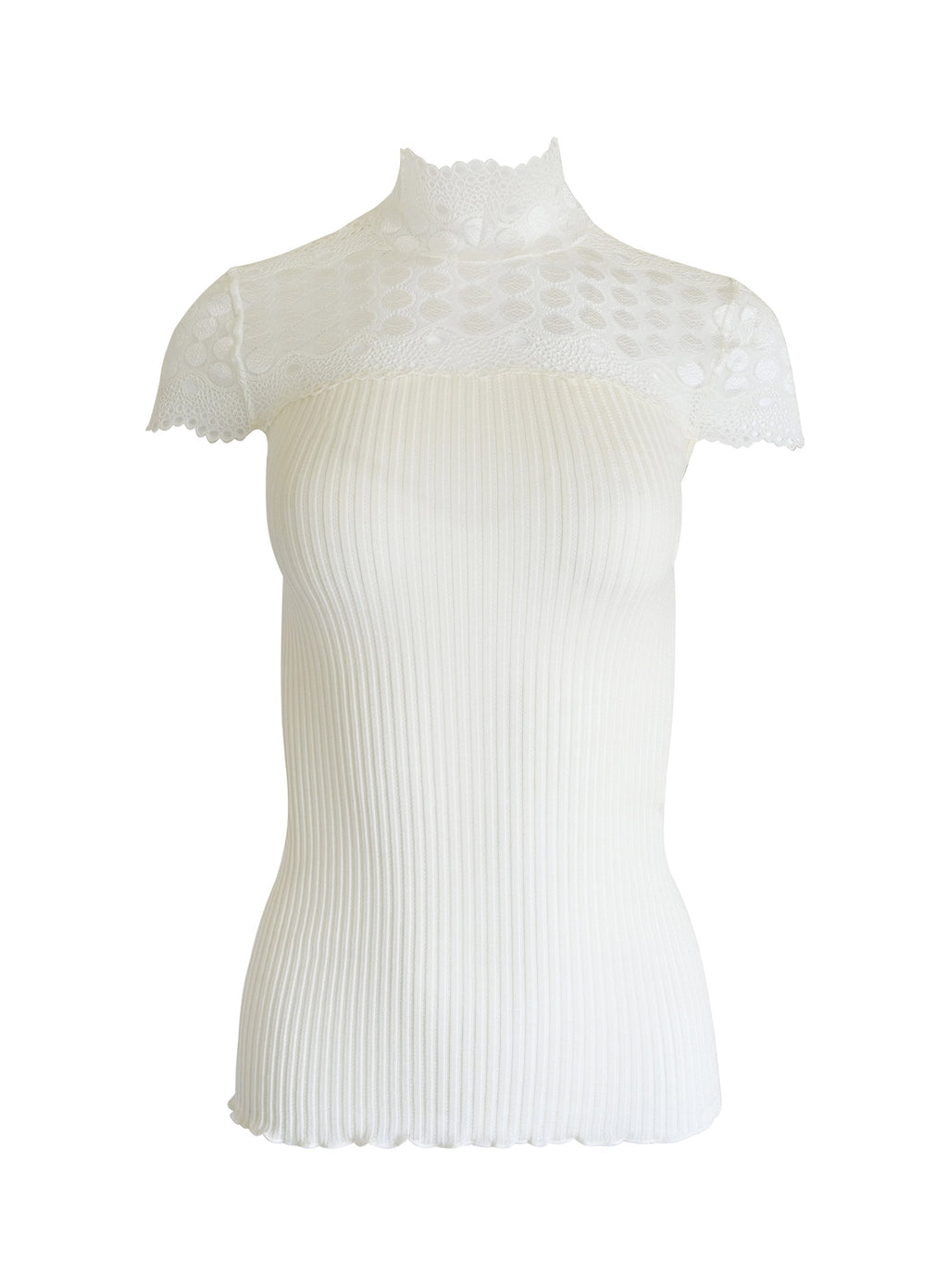 tittimitti EGI Exclusive Merino Wool Blend Top Mock Neck Lace Trim Short Sleeves. Proudly Made in Italy. — detail close-up