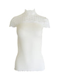 tittimitti EGI Exclusive Merino Wool Blend Top Mock Neck Lace Trim Short Sleeves. Proudly Made in Italy. — detail close-up
