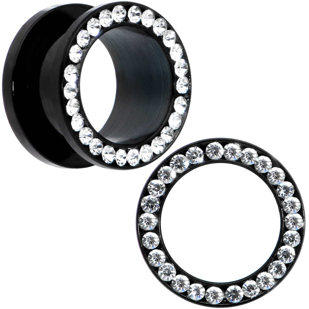 BodyCandy 9/16 Black Anodized Titanium Clear Gem Screw Fit Tunnel Set — main product shot