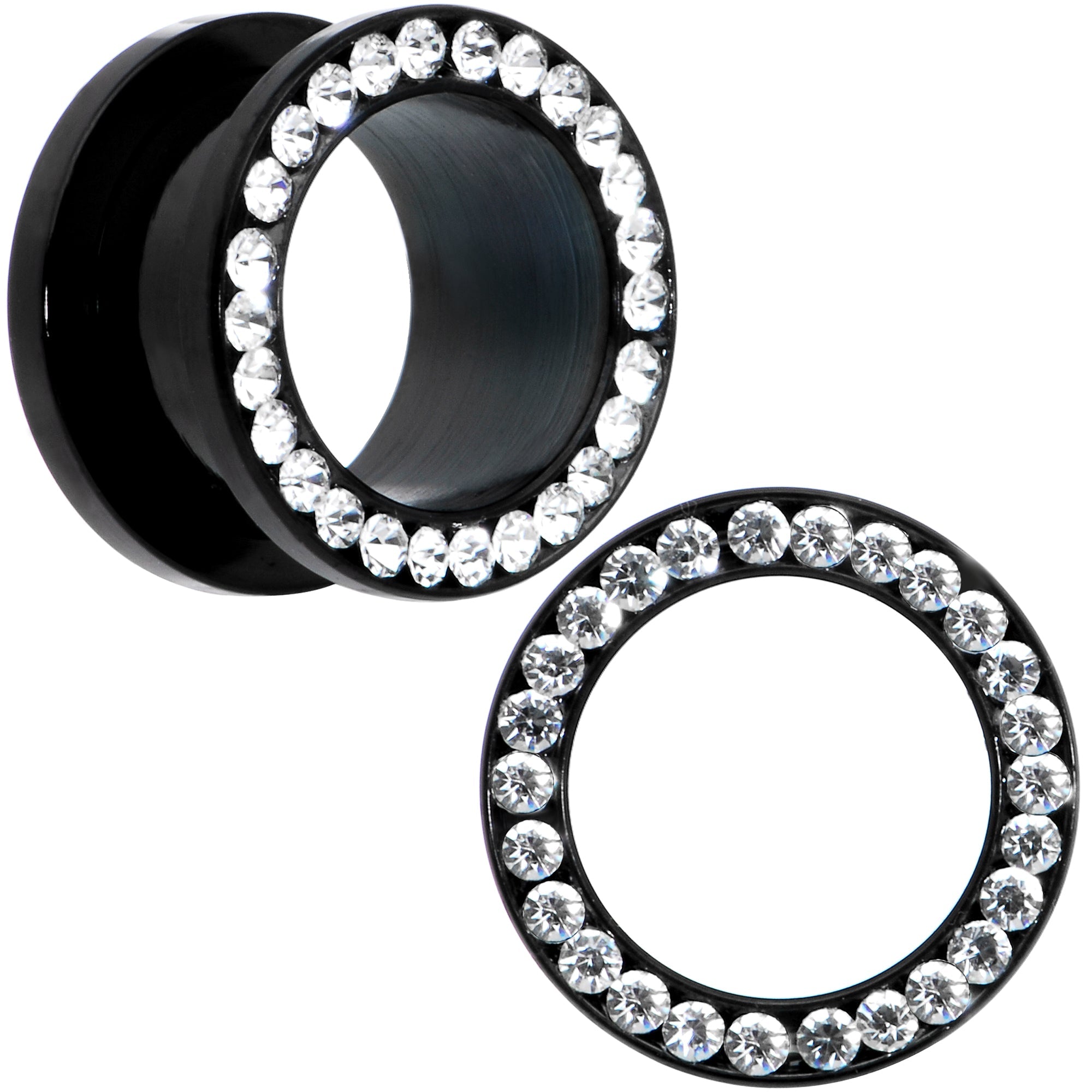 BodyCandy 9/16 Black Anodized Titanium Clear Gem Screw Fit Tunnel Set — main product shot