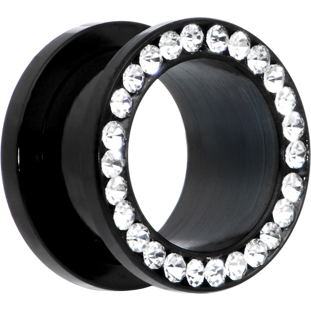 BodyCandy 9/16 Black Anodized Titanium Clear Gem Screw Fit Tunnel Set — detail close-up