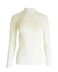 tittimitti EGI Exclusive Merino Wool Blend Top Mock Neck Lace Trim Long Sleeves. Proudly Made in Italy. — detail close-up