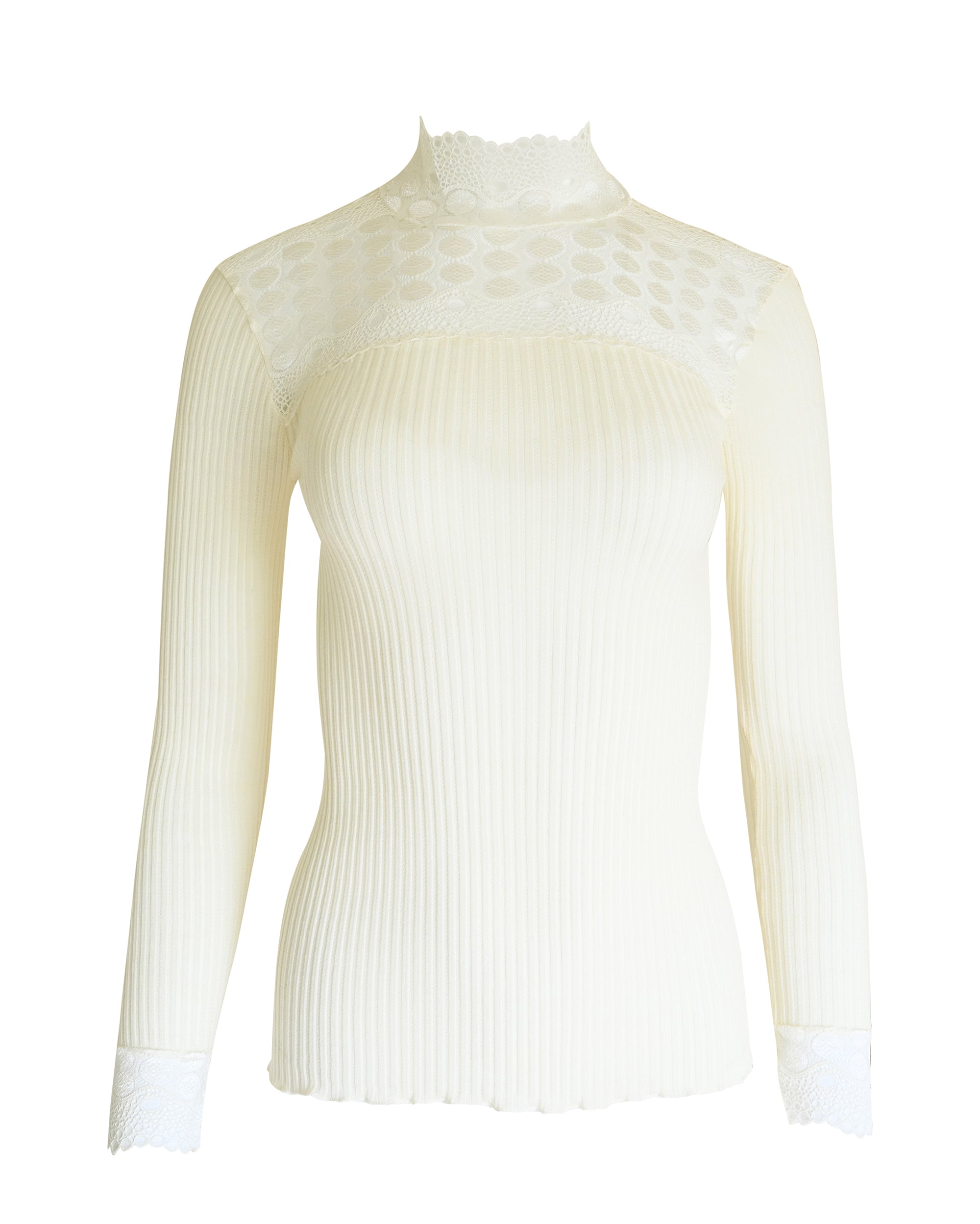 tittimitti EGI Exclusive Merino Wool Blend Top Mock Neck Lace Trim Long Sleeves. Proudly Made in Italy. — detail close-up