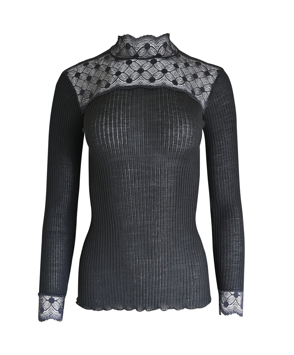 tittimitti EGI Exclusive Merino Wool Blend Top Mock Neck Lace Trim Long Sleeves. Proudly Made in Italy. — lifestyle context