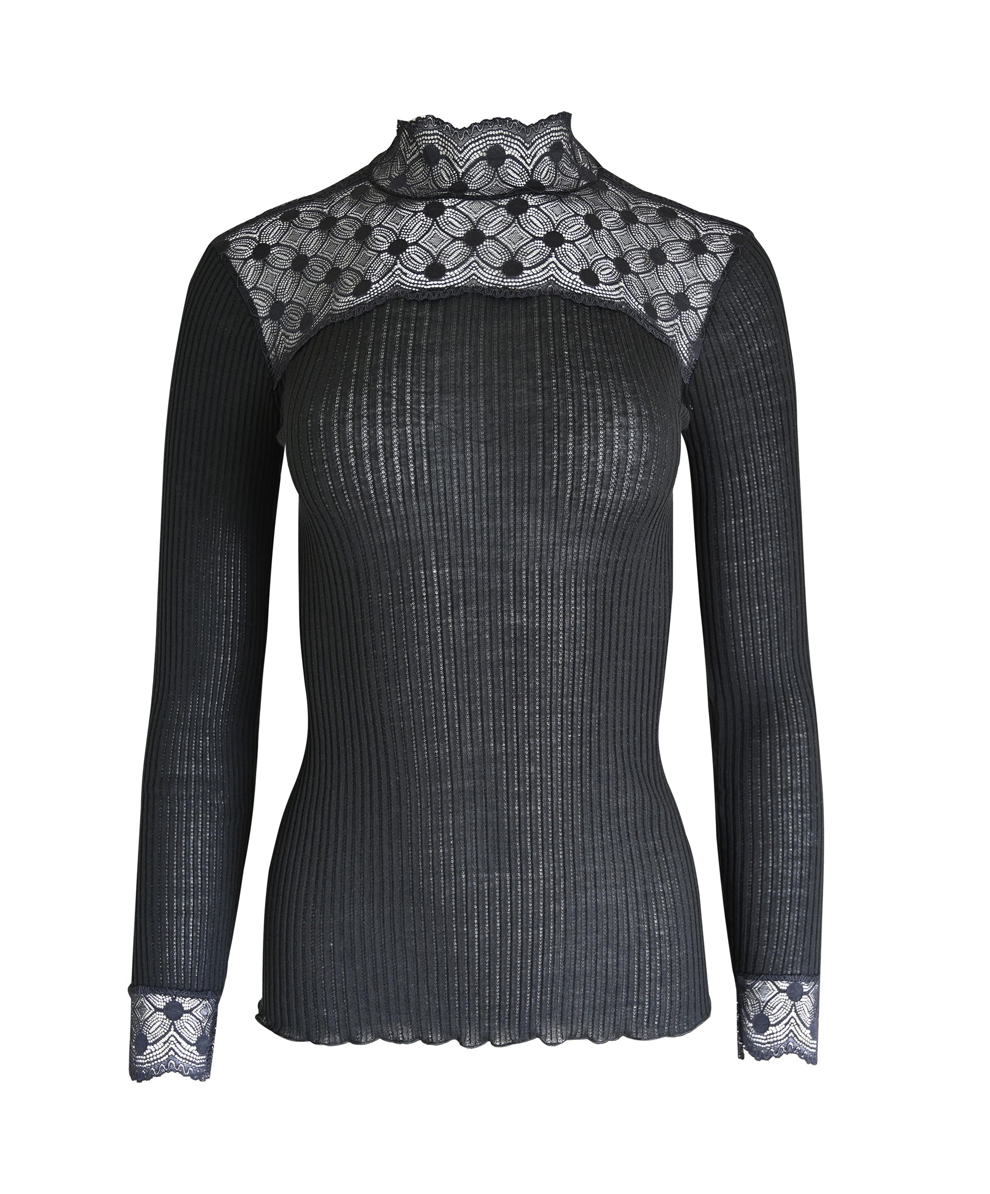 tittimitti EGI Exclusive Merino Wool Blend Top Mock Neck Lace Trim Long Sleeves. Proudly Made in Italy. — lifestyle context