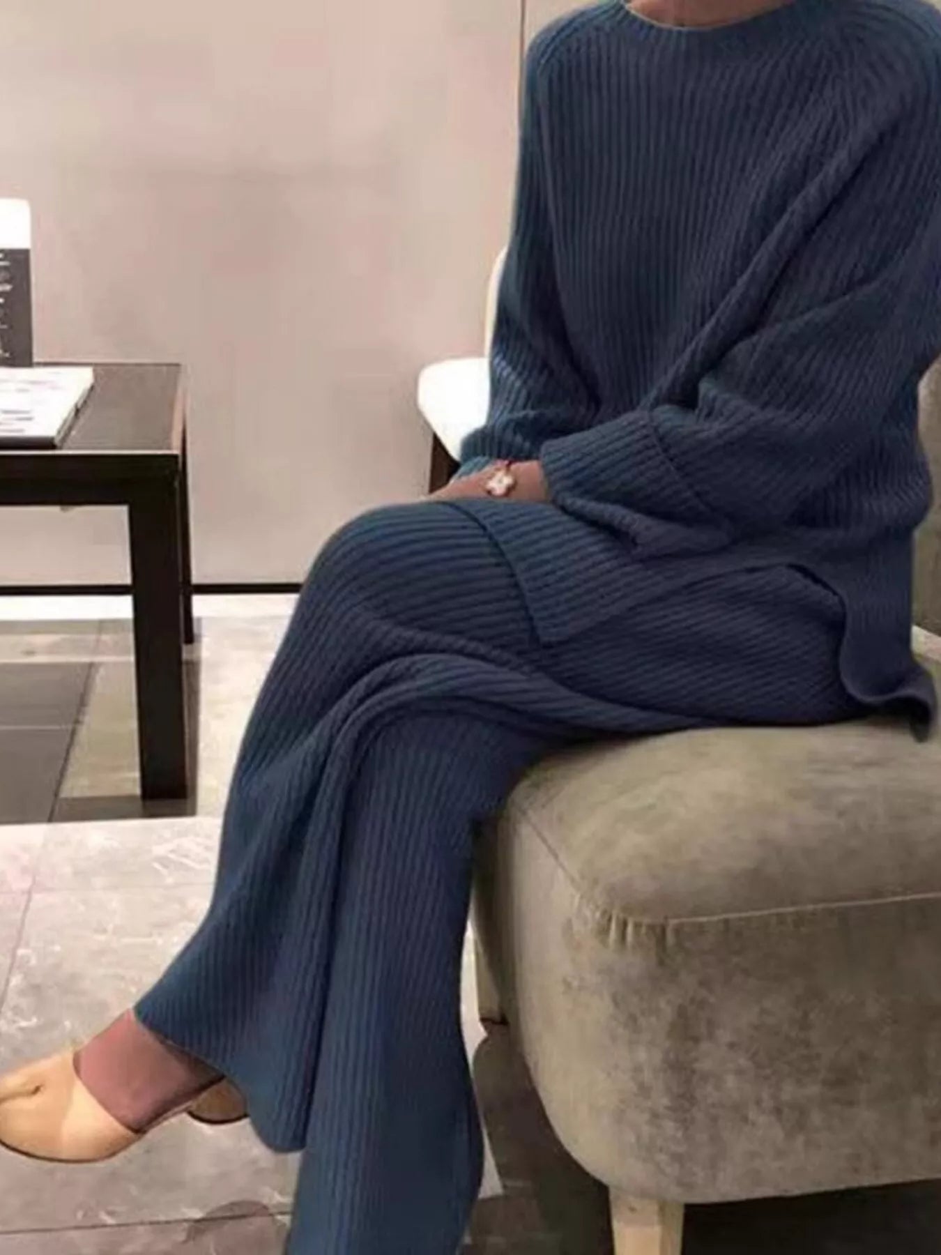 Full Size Ribbed Knit Relaxed Fit Top and Pants Sweater Set Plus Size