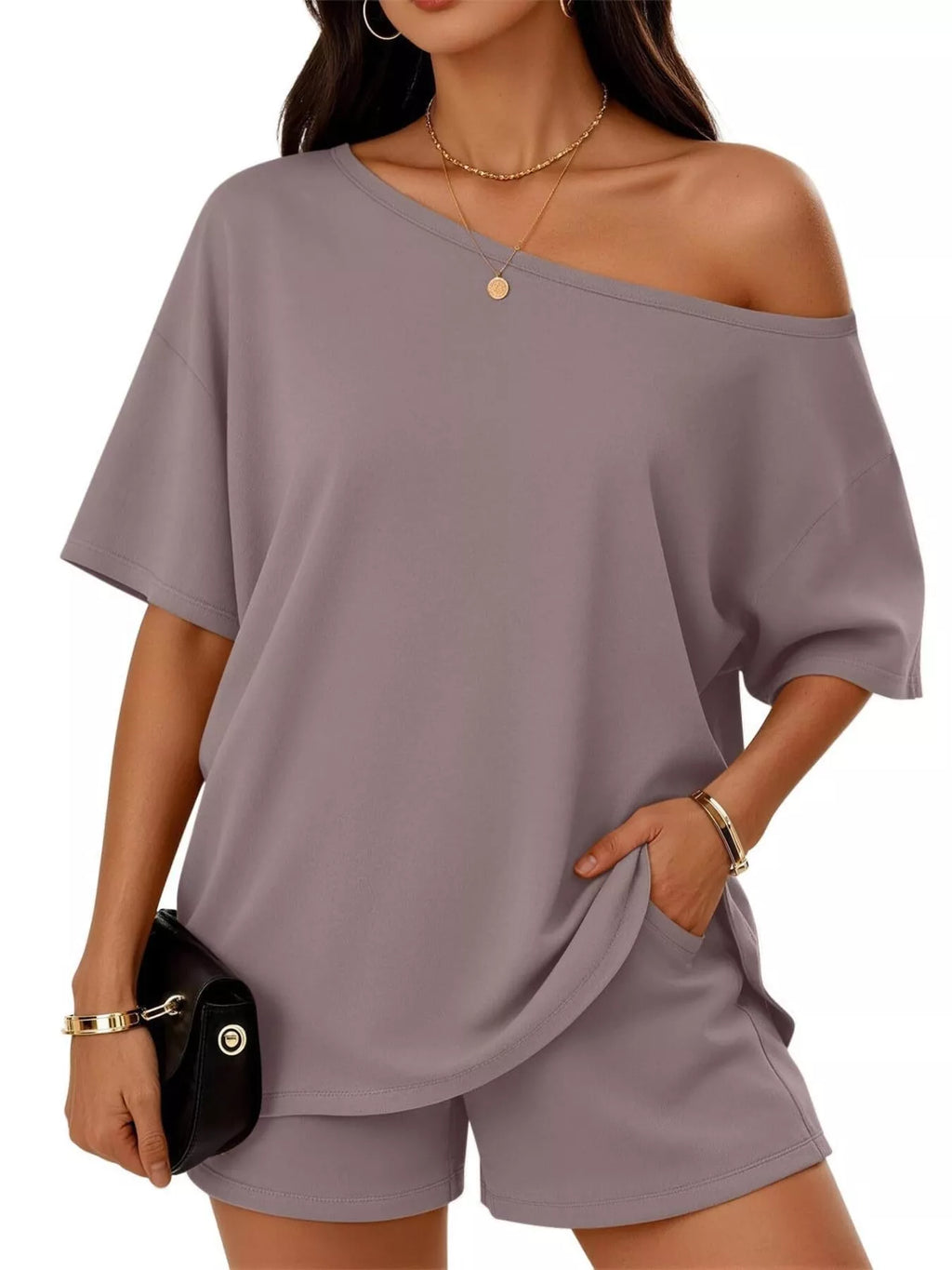 Full Size Boat Neck Tee and Shorts Set Plus Size