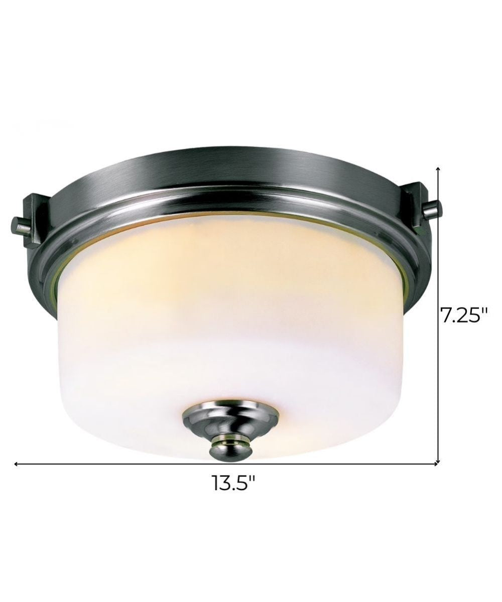 13"W 2-Light Brushed Nickel with White Frosted Glass Shade Flush Mount Light Fixture – LampsUSA, view 2