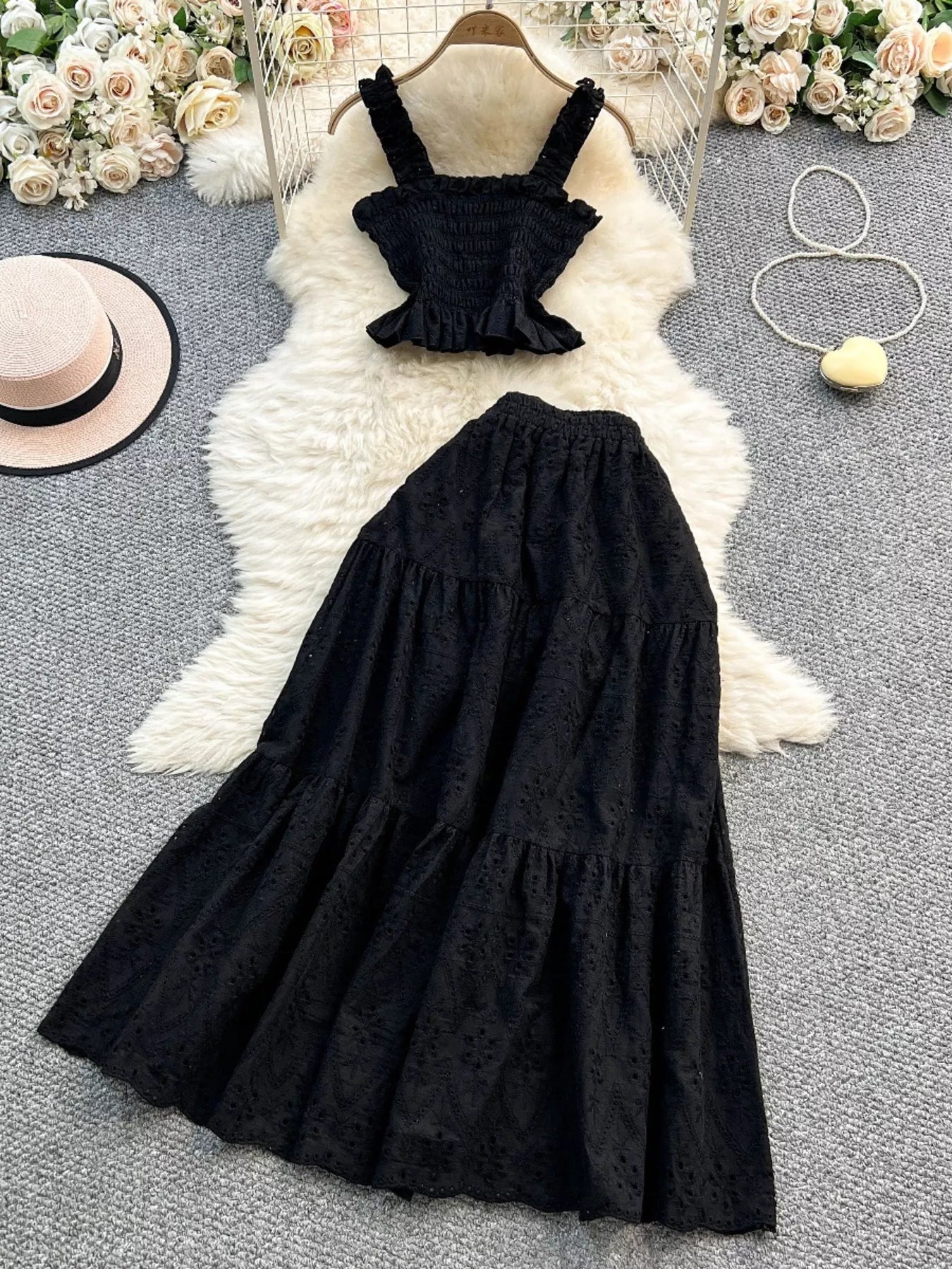 Smocked Crop Top and Hollow-Out Skirt Set