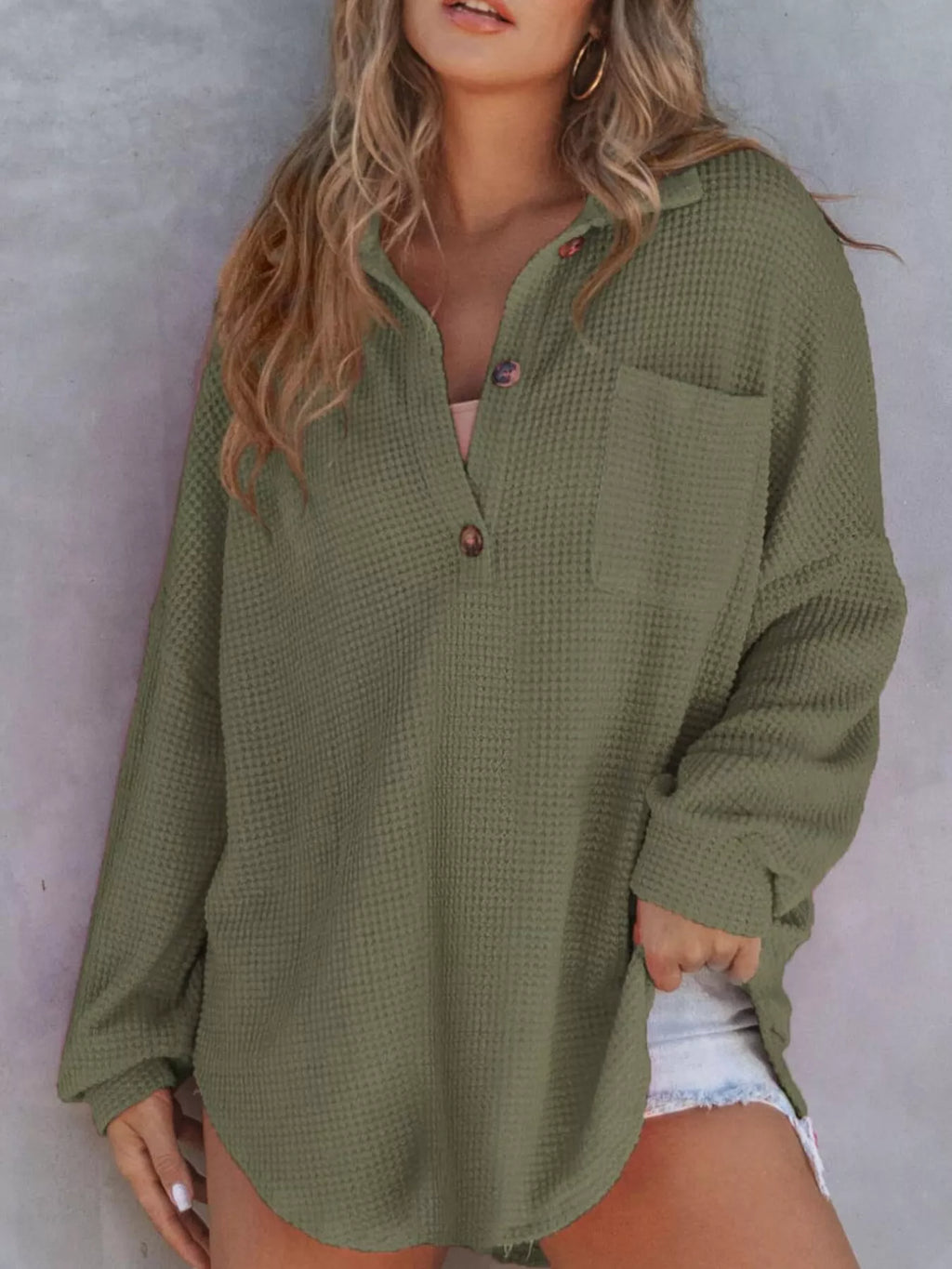 Waffle Knit Button Detail T-Shirt with Pocket