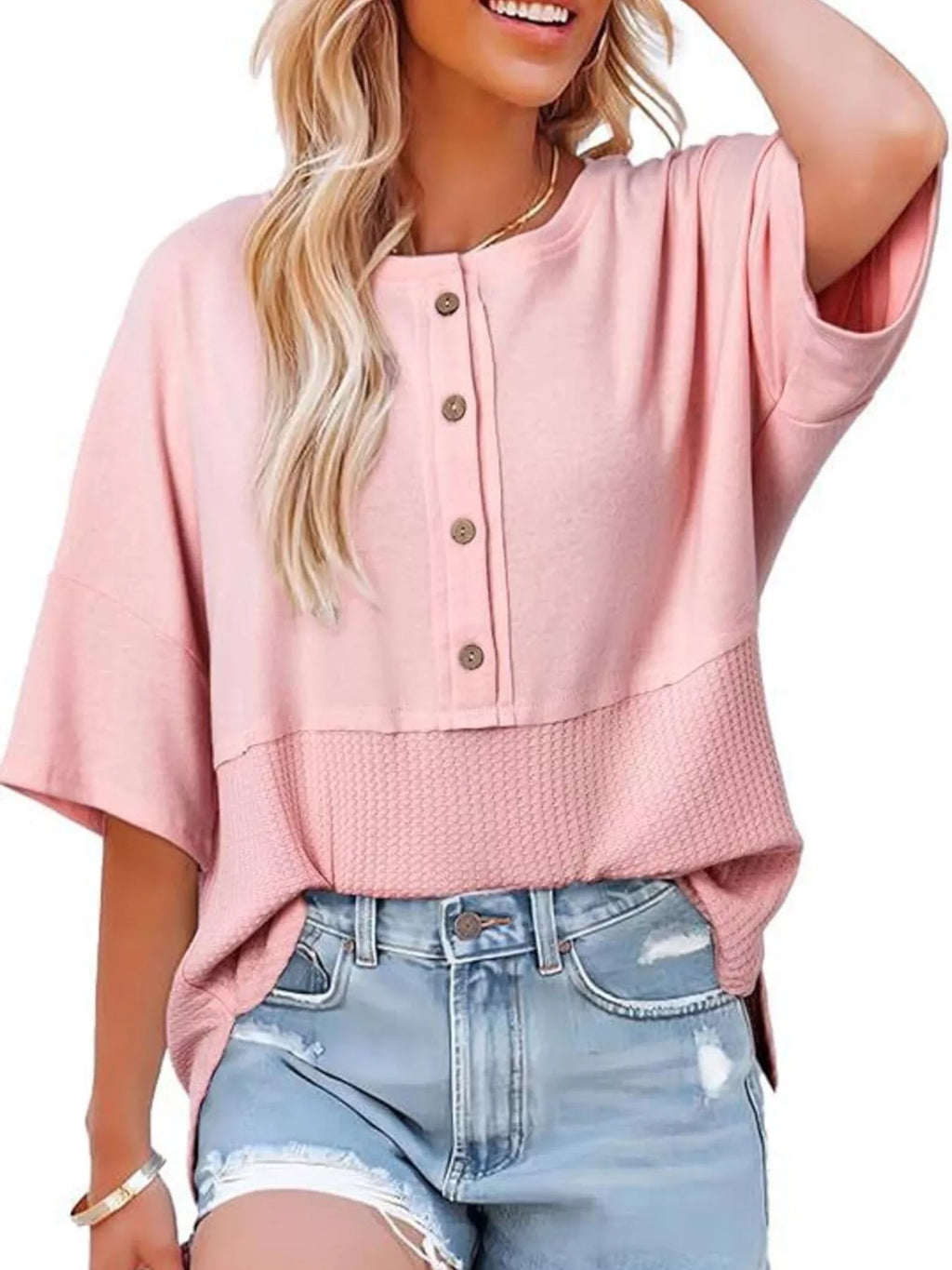 Button Detail Texture Knit T-Shirt