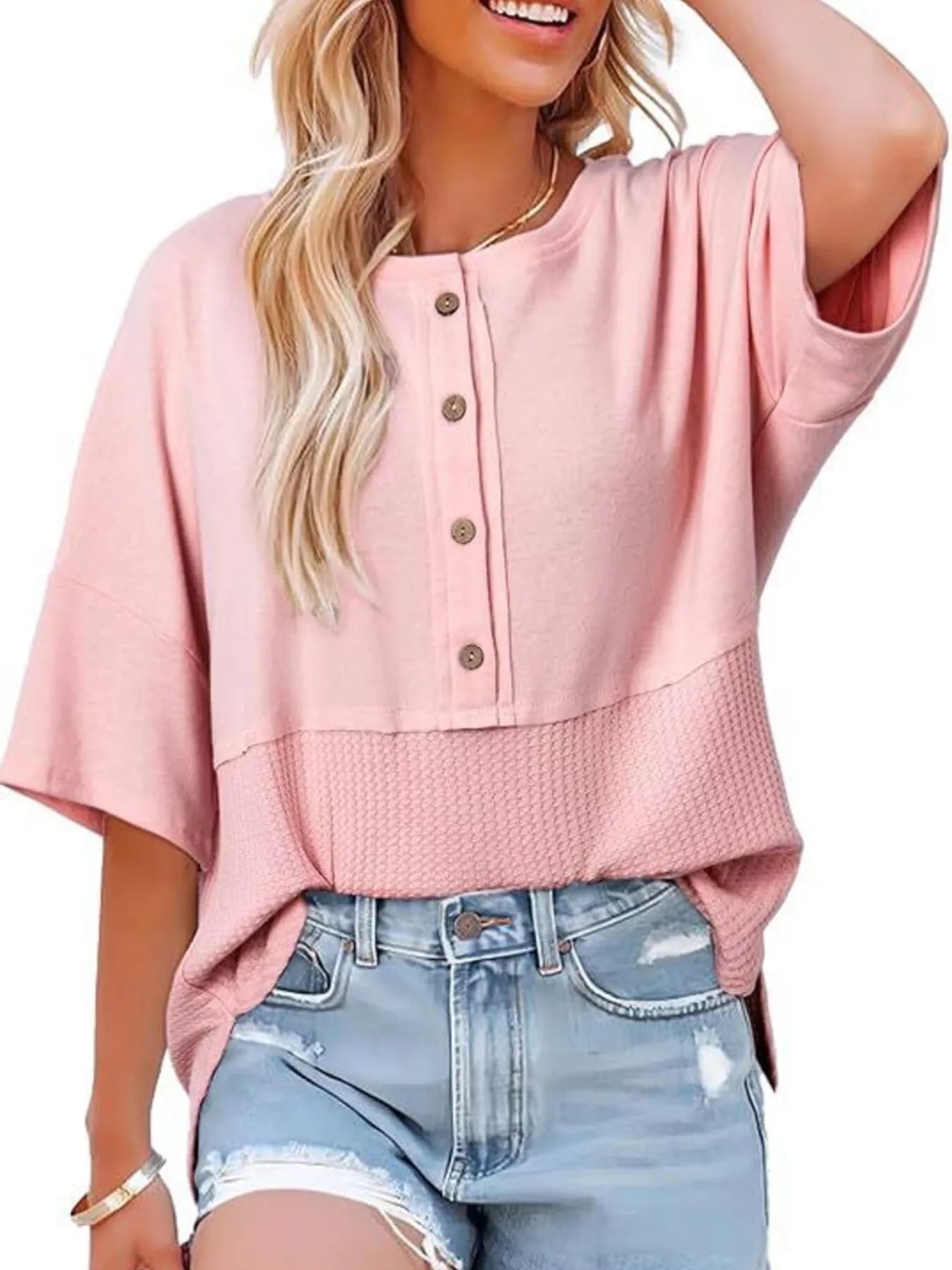 Button Detail Texture Knit T-Shirt