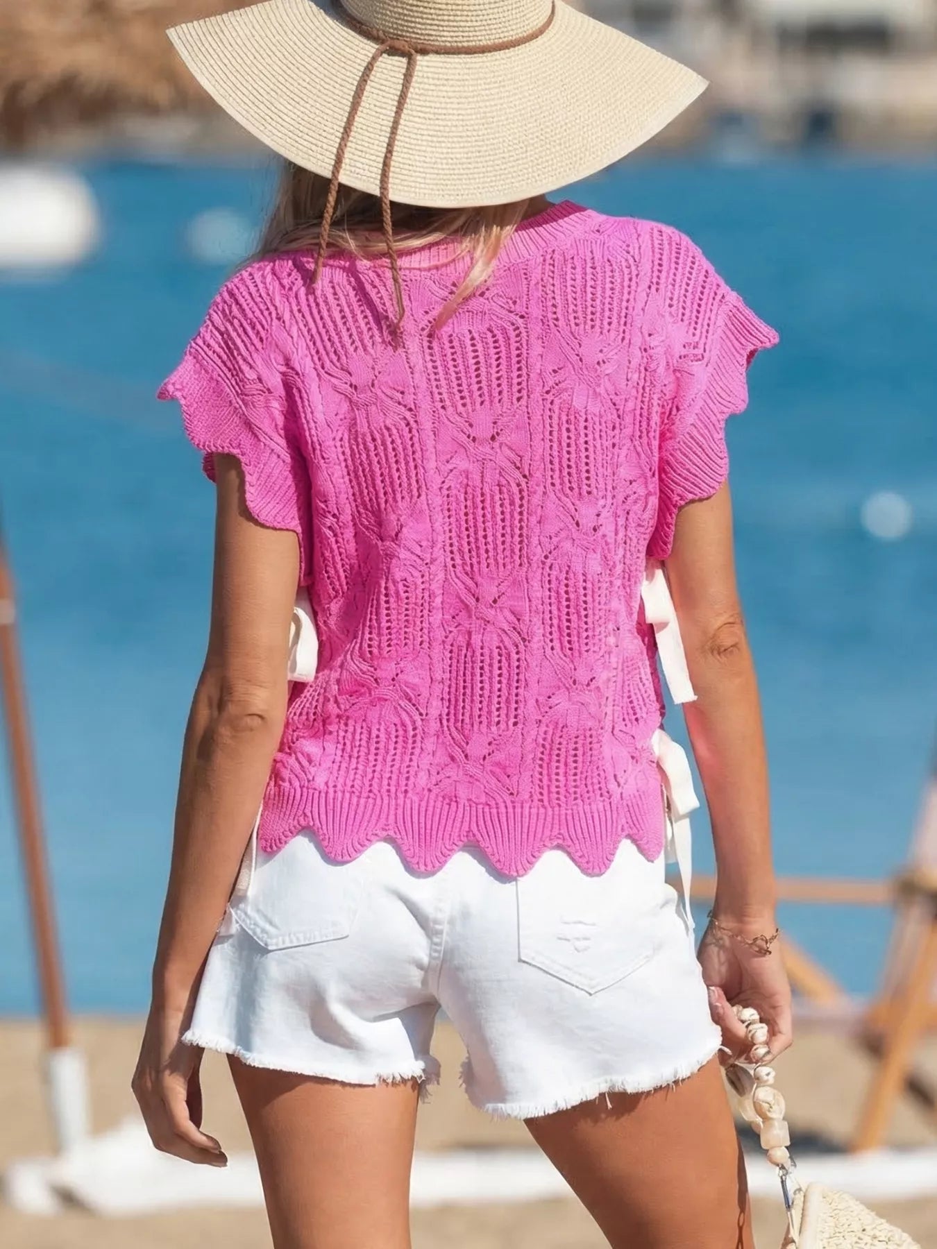 Side Tie Openwork Round Neck Sweater Vest