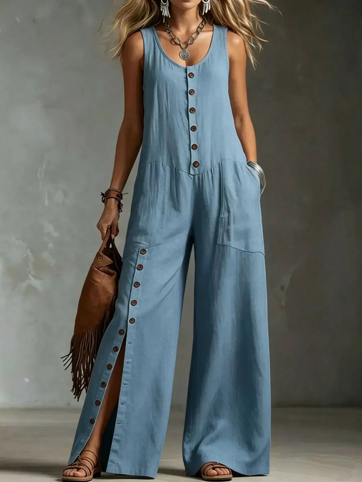 Full Size Sleeveless Button Front Wide Leg Jumpsuit Plus Size