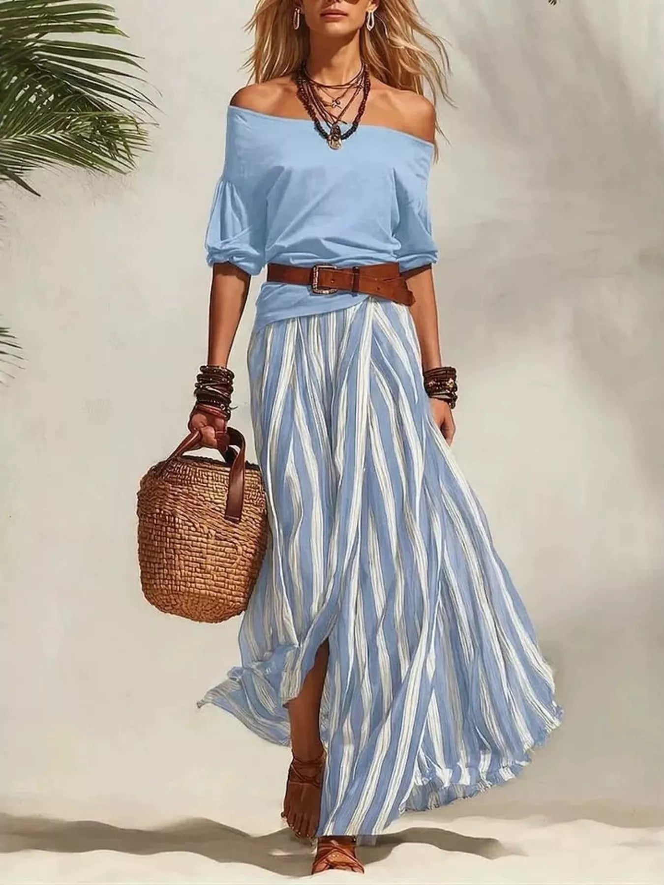 Off Shoulder Top and Striped Maxi Skirt Set