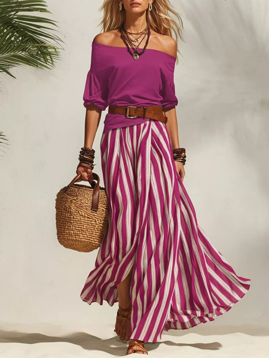 Off Shoulder Top and Striped Maxi Skirt Set