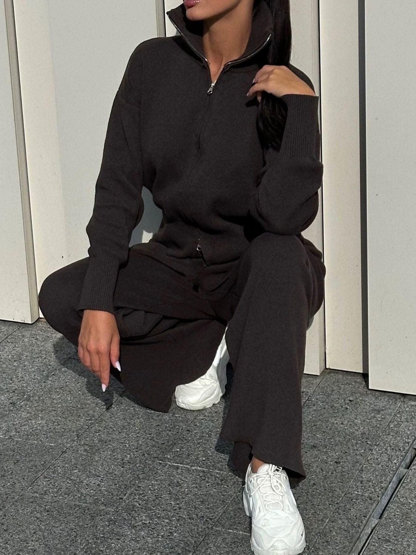 Zip Up Outerwear and Wide Leg Pants Set