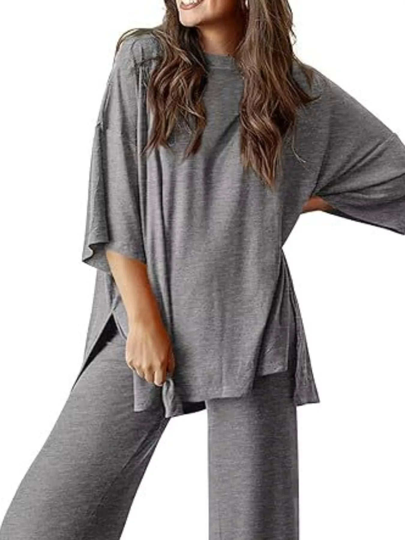 Slit Round Neck Top and Pants Set
