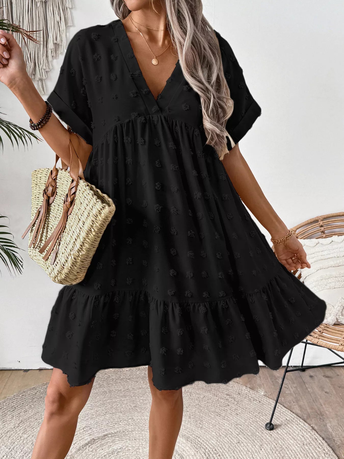 Swiss Dot V-Neck Tiered Mini Dress