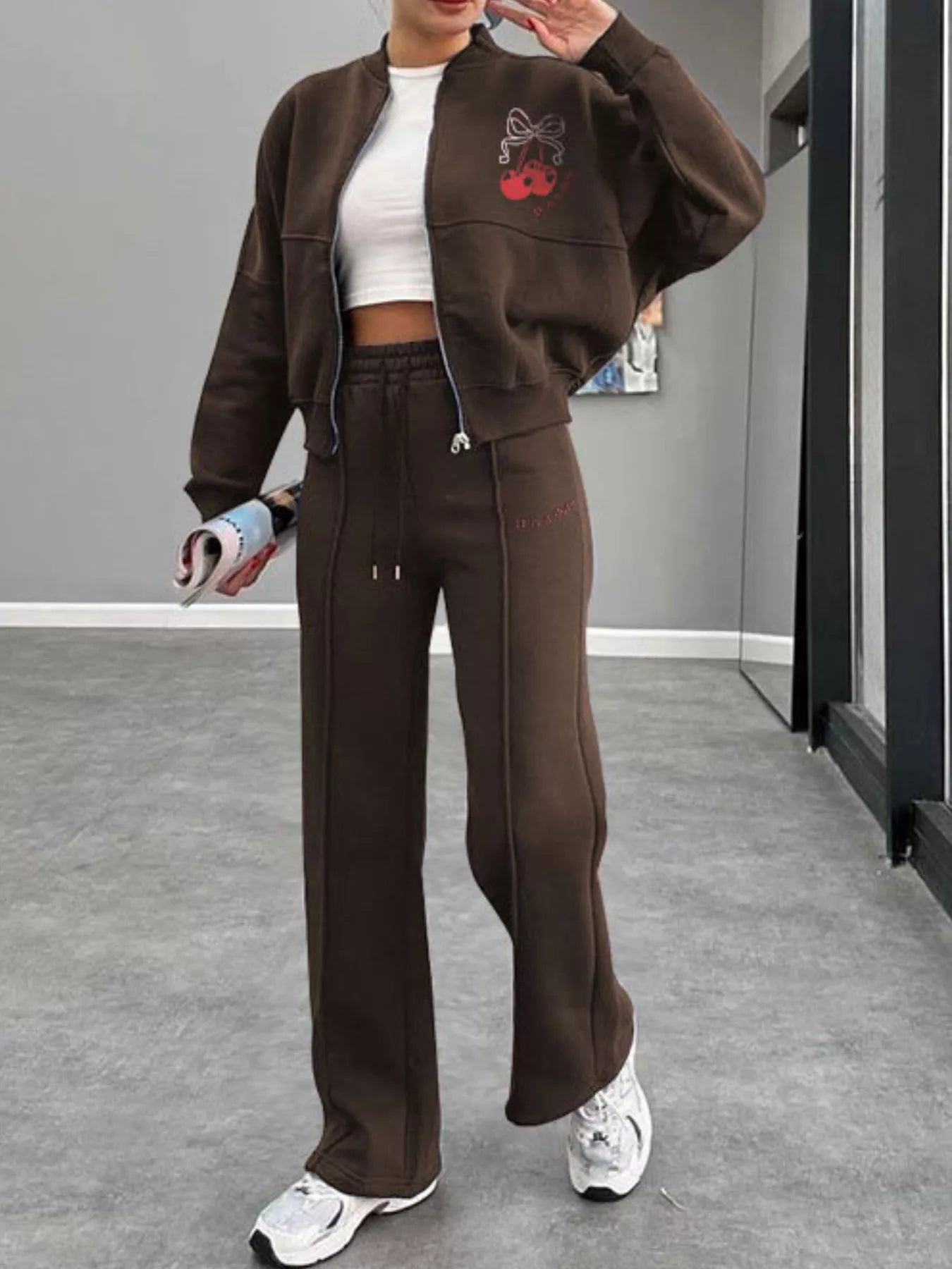 Zip Up Dropped Shoulder Outerwear and Pants Set